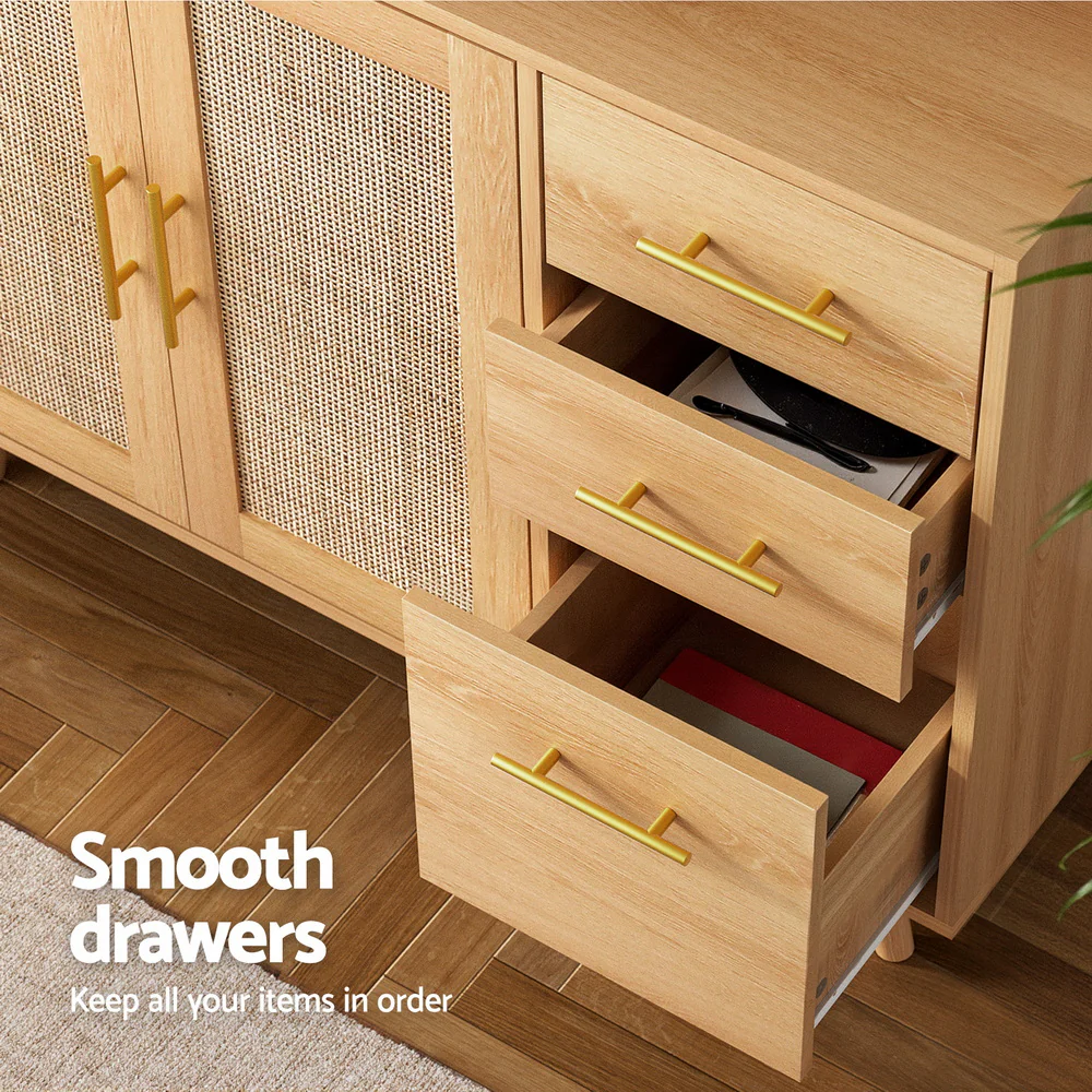 Artiss Buffet Sideboard Hutch Storage Cabinet Kitchen Cupboard Hooks Rattan Pine - Image 7