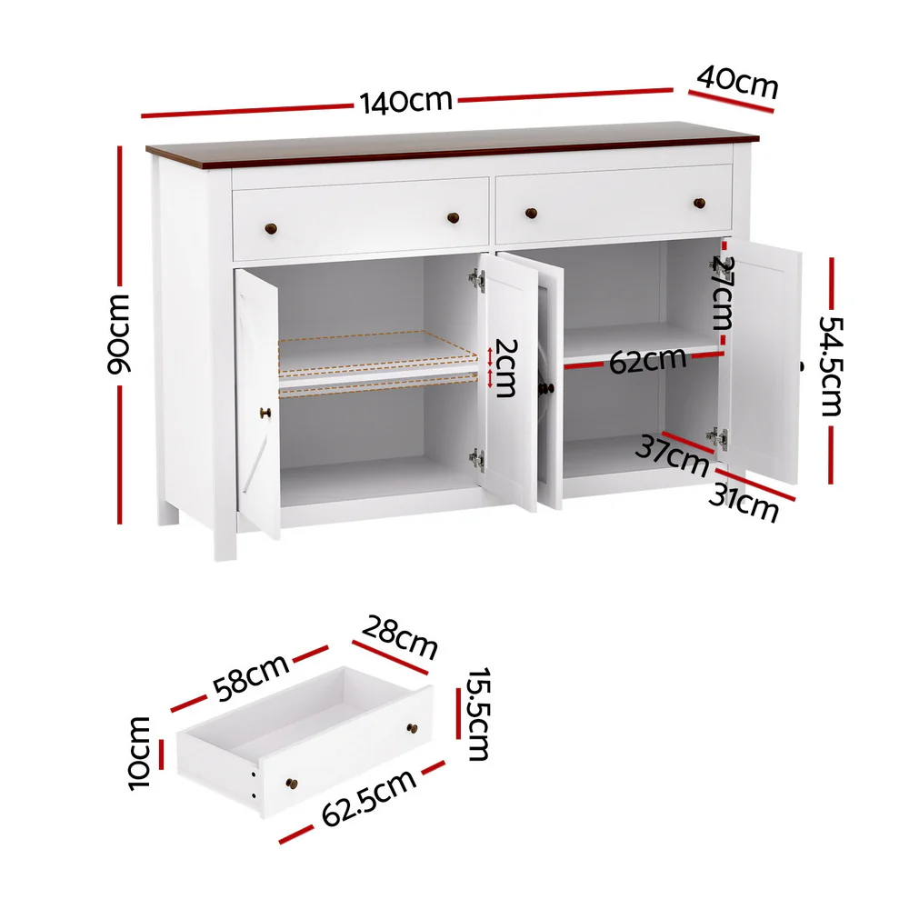 Artiss Buffet Sideboard Storage Cabinet Kitchen Cupboard 2 Drawers 140CM White - Image 3