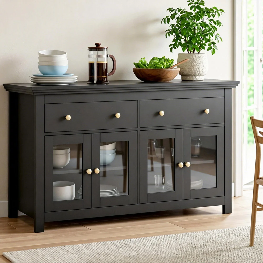 Artiss Buffet Sideboard Storage Cabinet Kitchen Cupboard Clear Door Drawer Black