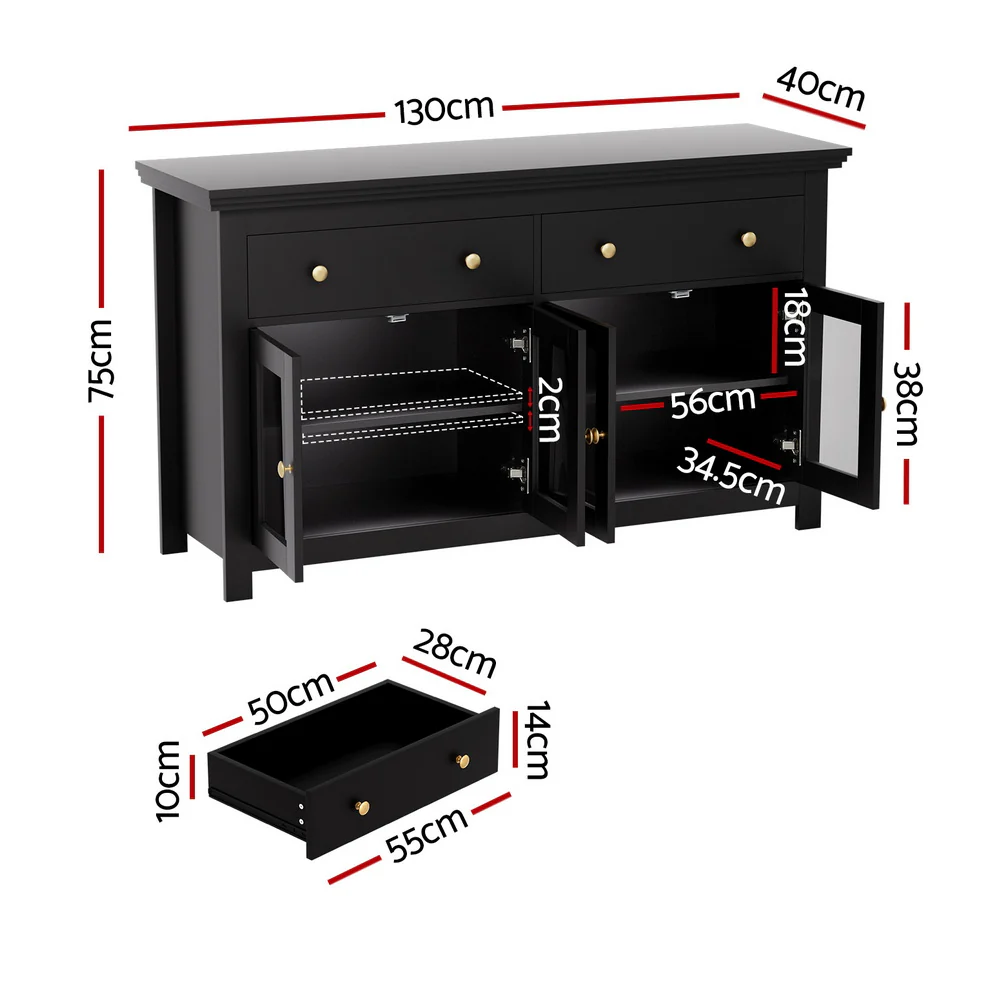 Artiss Buffet Sideboard Storage Cabinet Kitchen Cupboard Clear Door Drawer Black - Image 3