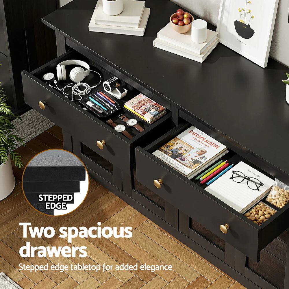 Artiss Buffet Sideboard Storage Cabinet Kitchen Cupboard Clear Door Drawer Black - Image 6