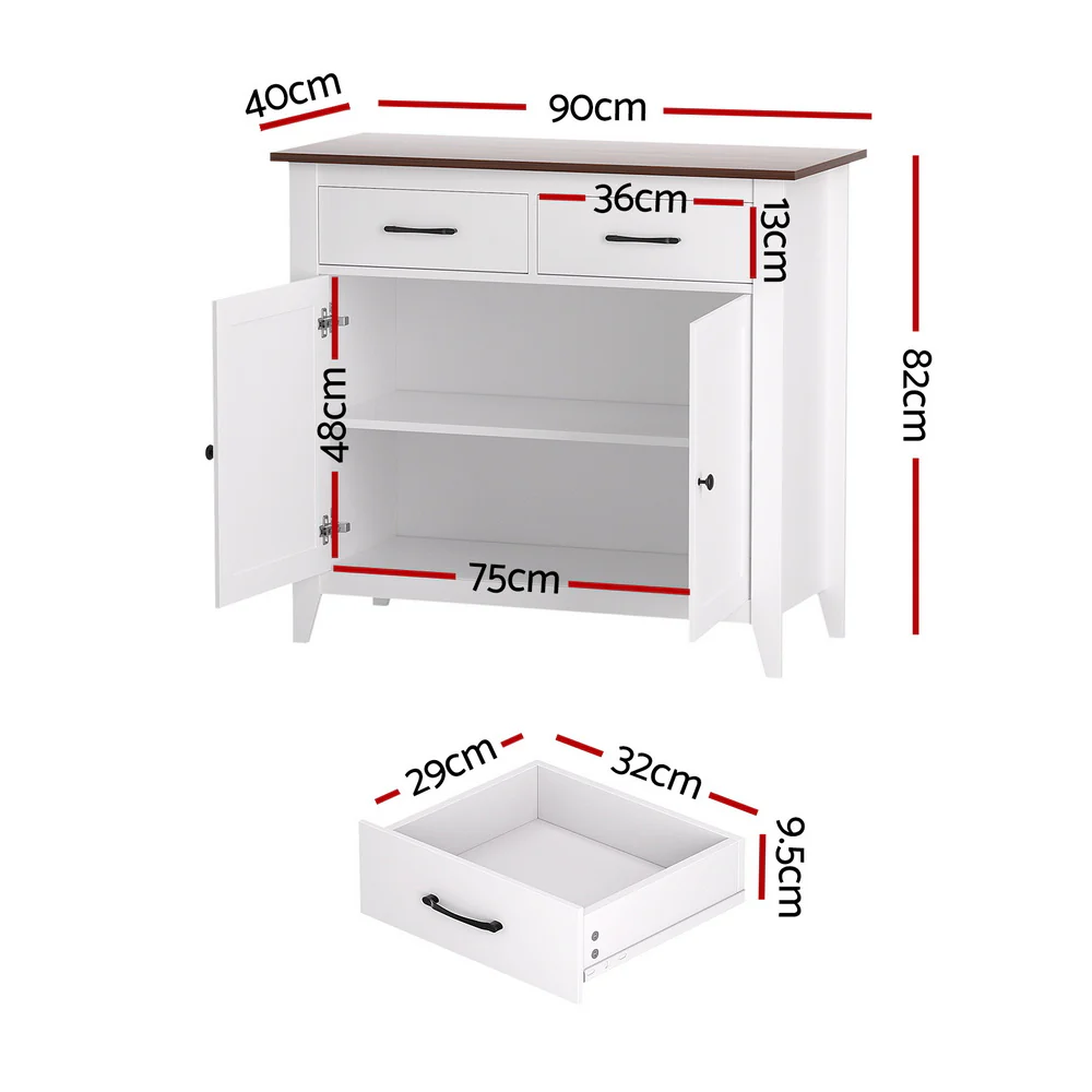 Artiss Buffet Sideboard Storage Cabinet Kitchen Cupboard Hallway 2 Drawers White - Image 3