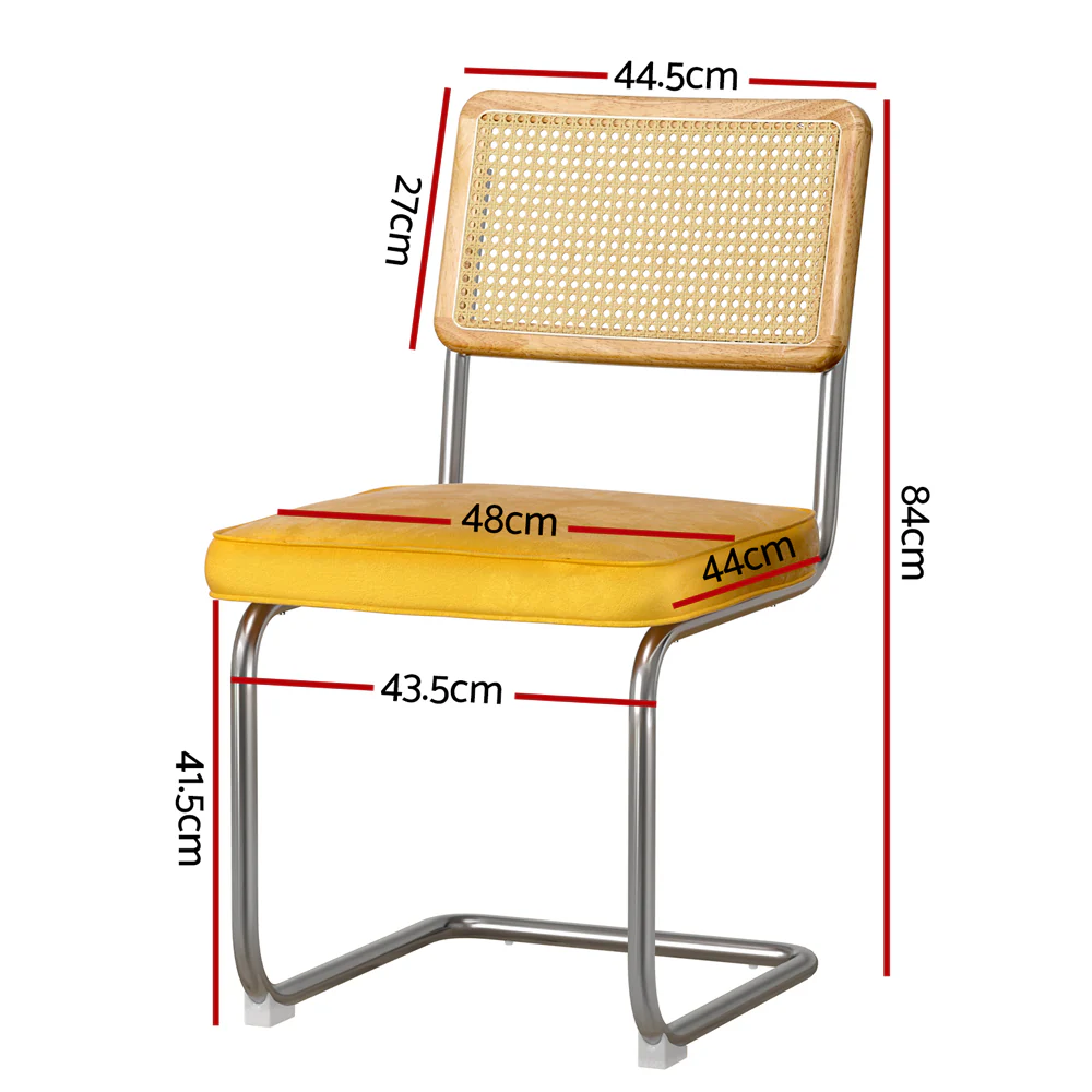 Artiss Dining Chairs Set of 2 Velvet Rattan Cantilever Yellow - Image 2