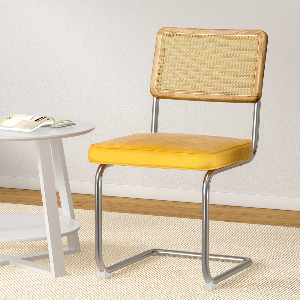 Artiss Dining Chairs Set of 2 Velvet Rattan Cantilever Yellow - Image 5