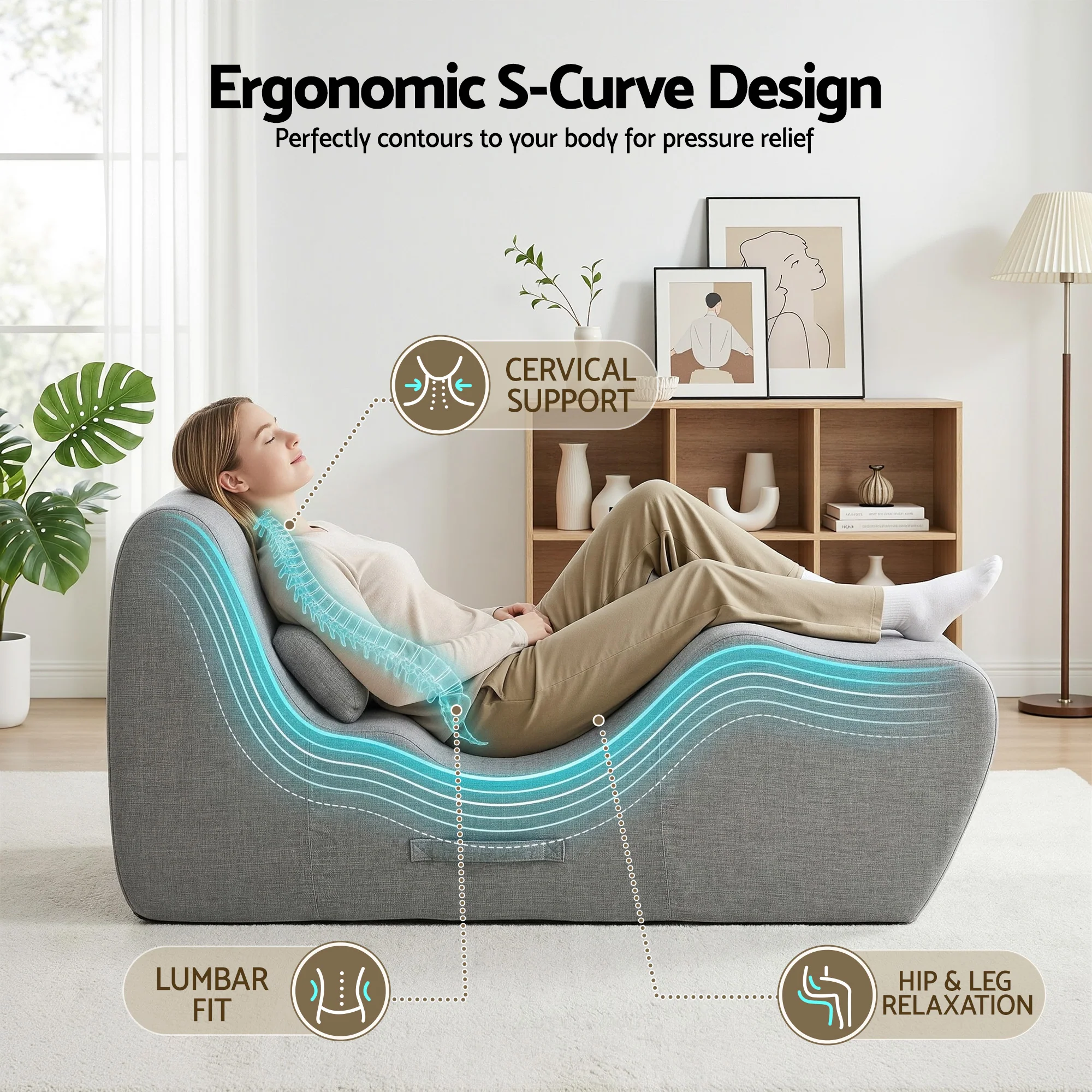 Artiss Chaise Lounge Chair Ergonomic S-Curve Floor Lounger Boneless Lounge Chairs Grey - Image 5