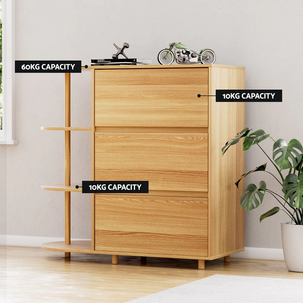 Artiss Chest of 3 Drawers Storage Cabinet 3 Shelves Pine - Image 7