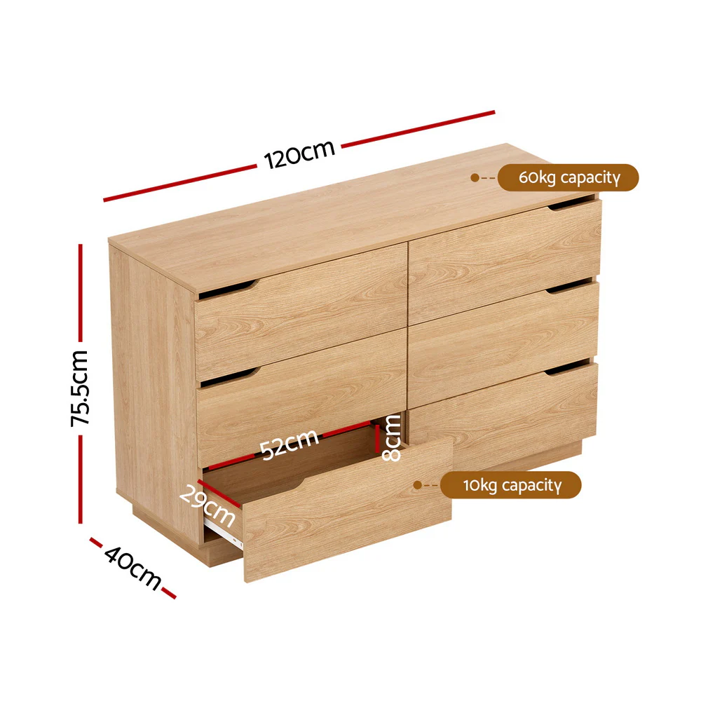 Artiss Chest of 6 Drawers Dresser Lowboy Storage Cabinet Pine Bedroom Livingroom - Image 2