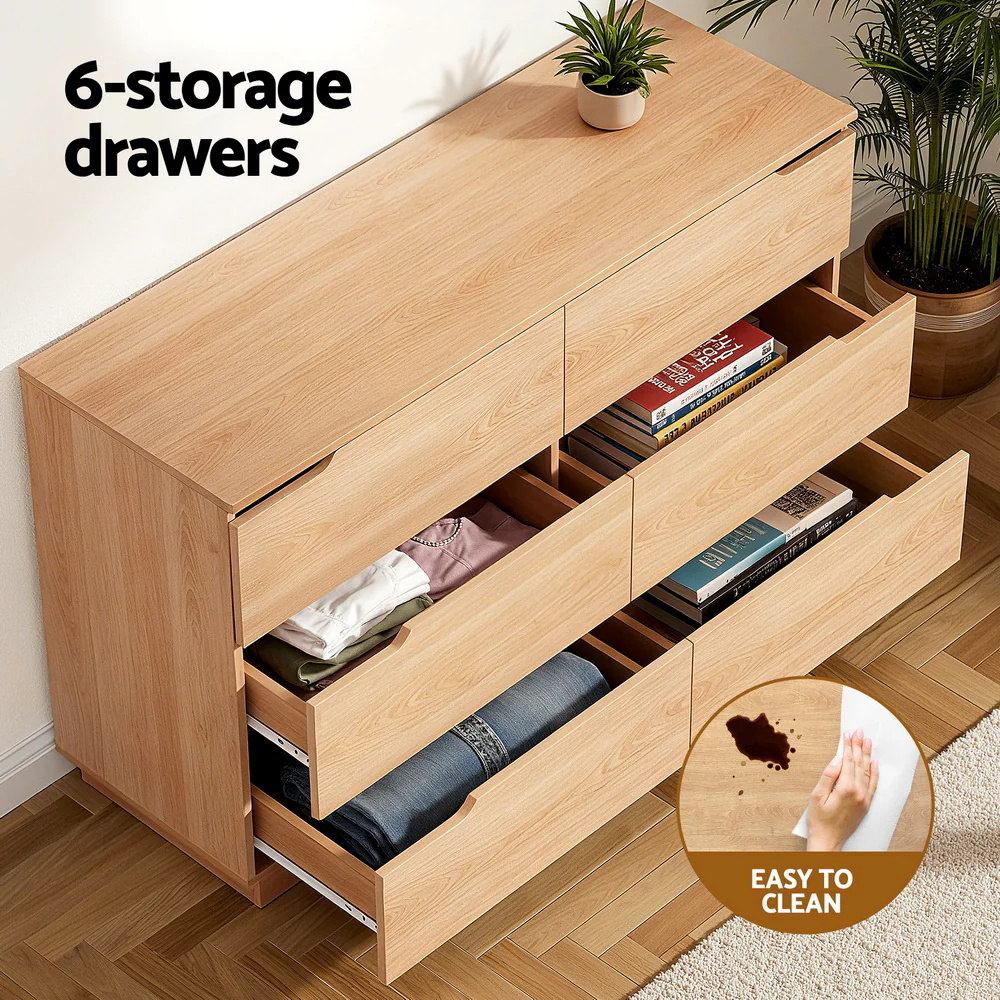 Artiss Chest of 6 Drawers Dresser Lowboy Storage Cabinet Pine Bedroom Livingroom - Image 4