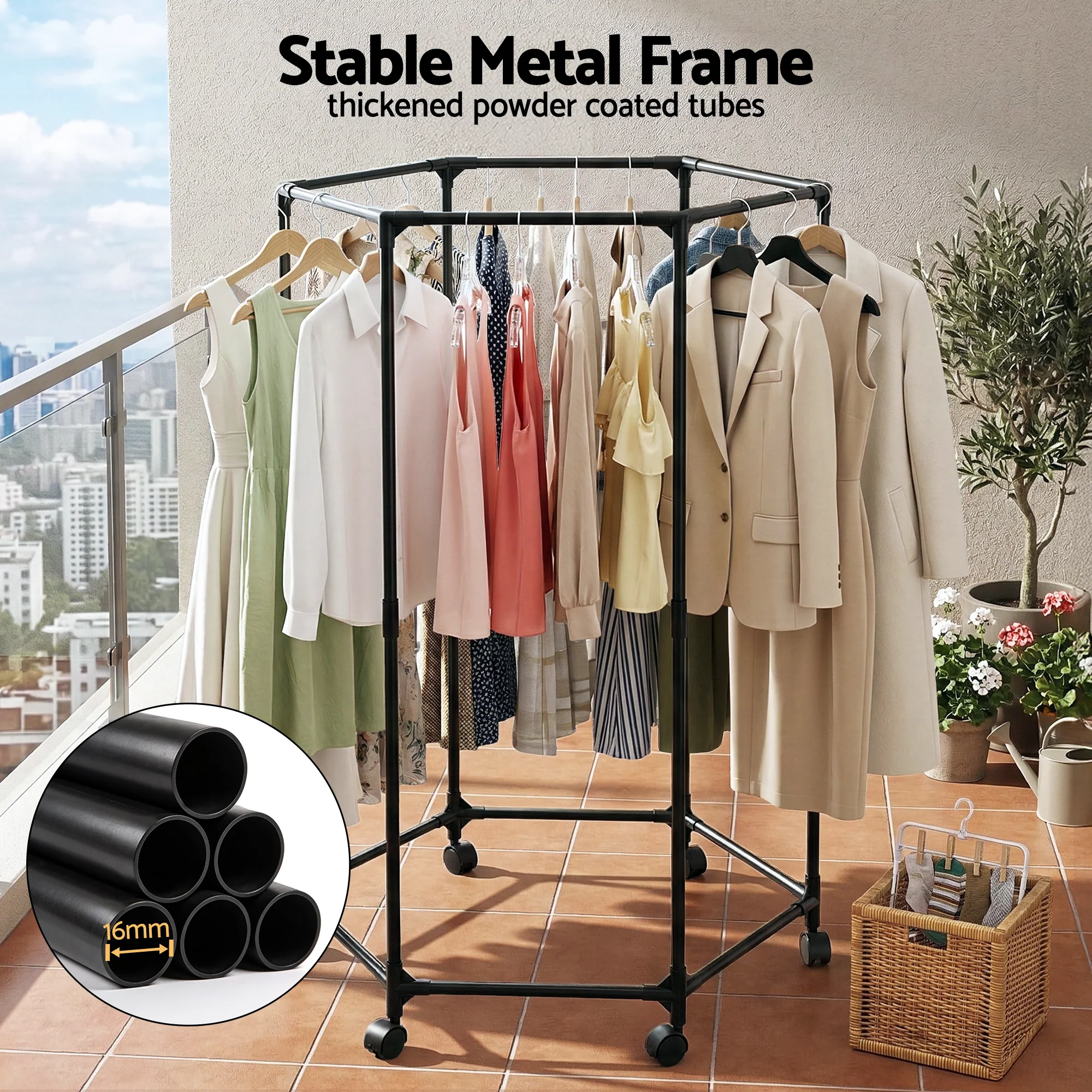Artiss Clothes Rack Airer Rail Coat Stand Wheels 6 Rods - Image 5
