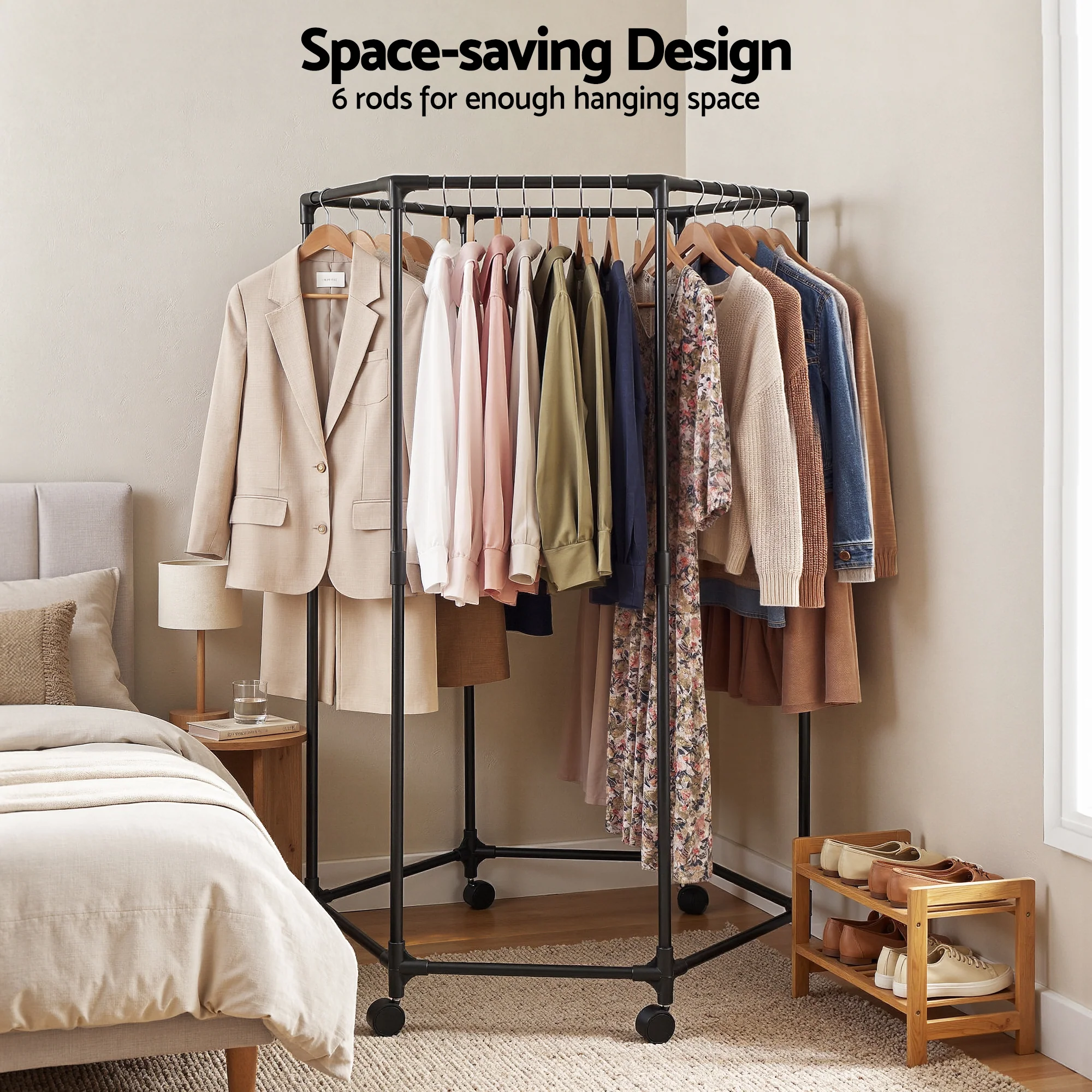 Artiss Clothes Rack Airer Rail Coat Stand Wheels 6 Rods - Image 7