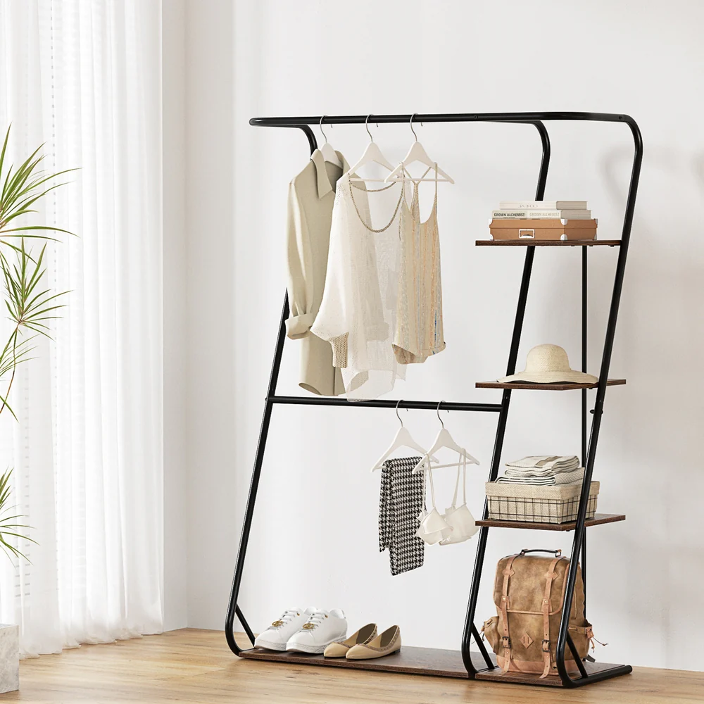 Artiss Clothes Rack Coat Stand 172cm 4-Tier Walnut - Image 6