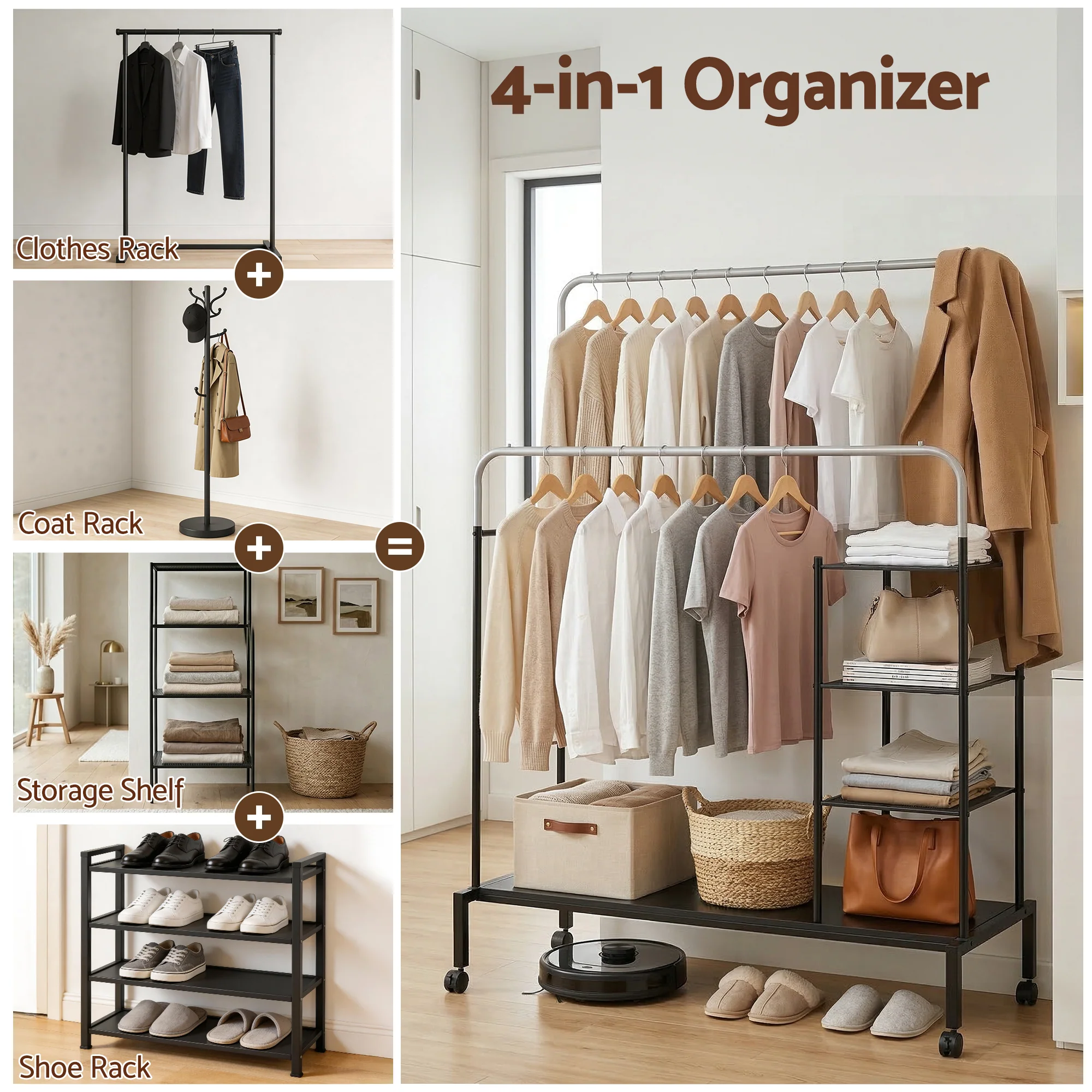 Artiss Clothes Rack Hanging Rail Wheels 2 Rod Storage Shelf - Image 7