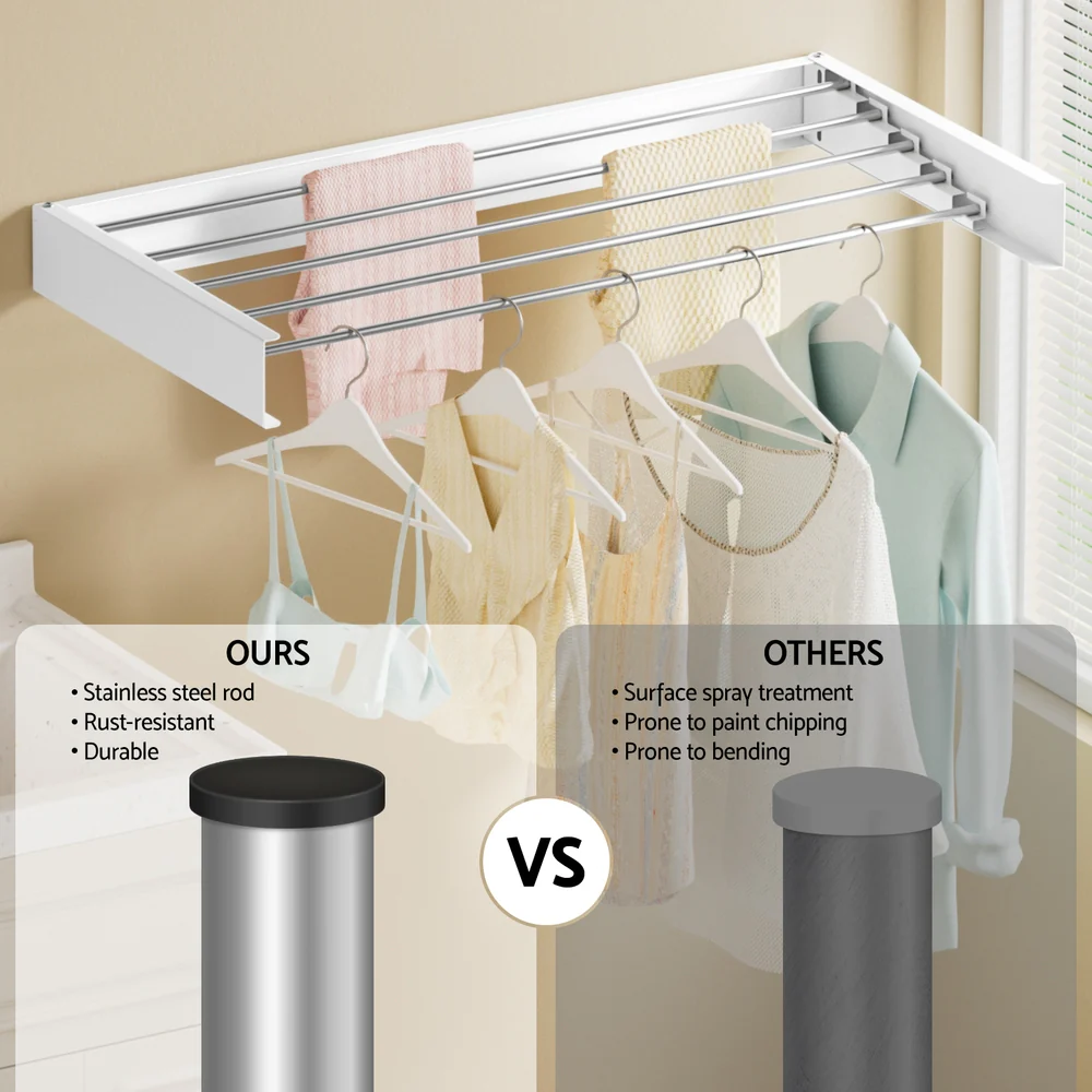Artiss Clothes Rack Wall Mounted Airer Foldable White - Image 5