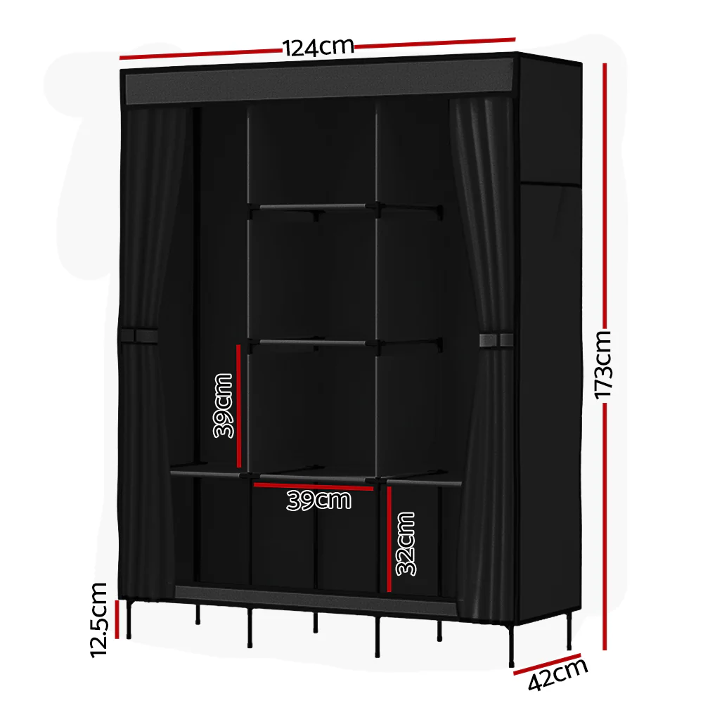 Artiss Large Portable Clothes Closet Wardrobe with Shelf Black - Image 3