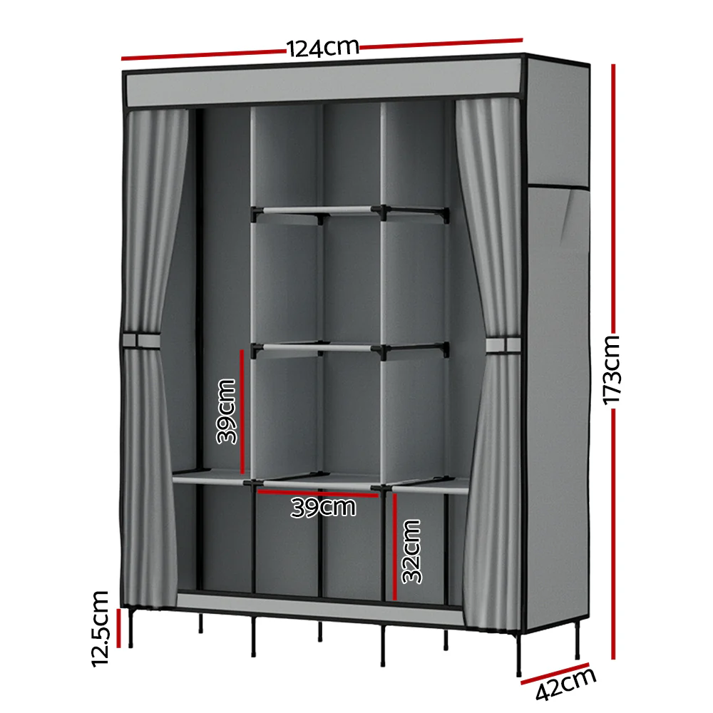 Artiss Large Portable Clothes Closet Wardrobe with Shelf Grey - Image 3
