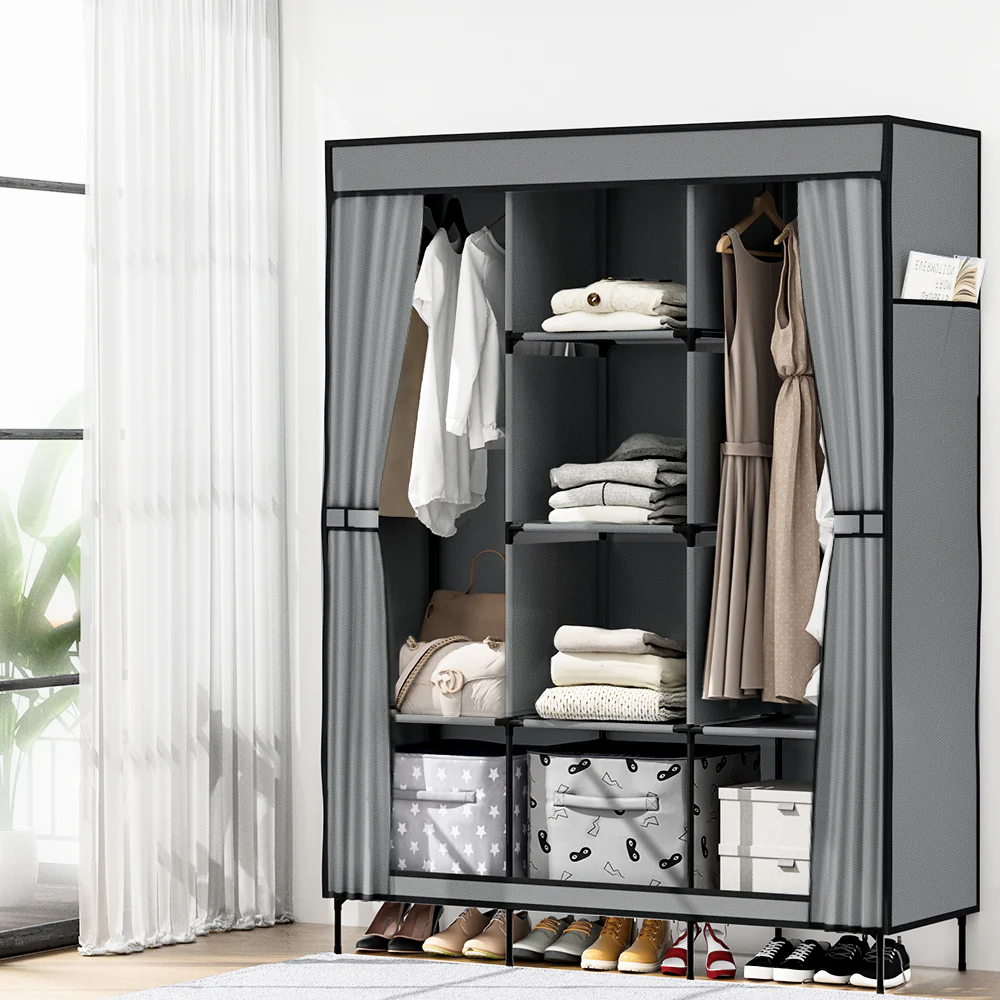 Artiss Large Portable Clothes Closet Wardrobe with Shelf Grey - Image 9
