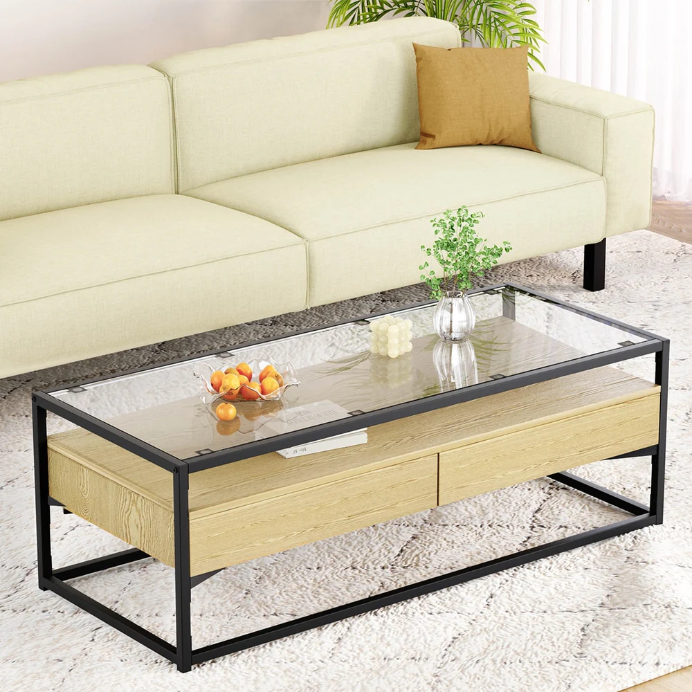 Artiss Coffee Table 2 Drawers Glass Tabletop Pine - Image 7