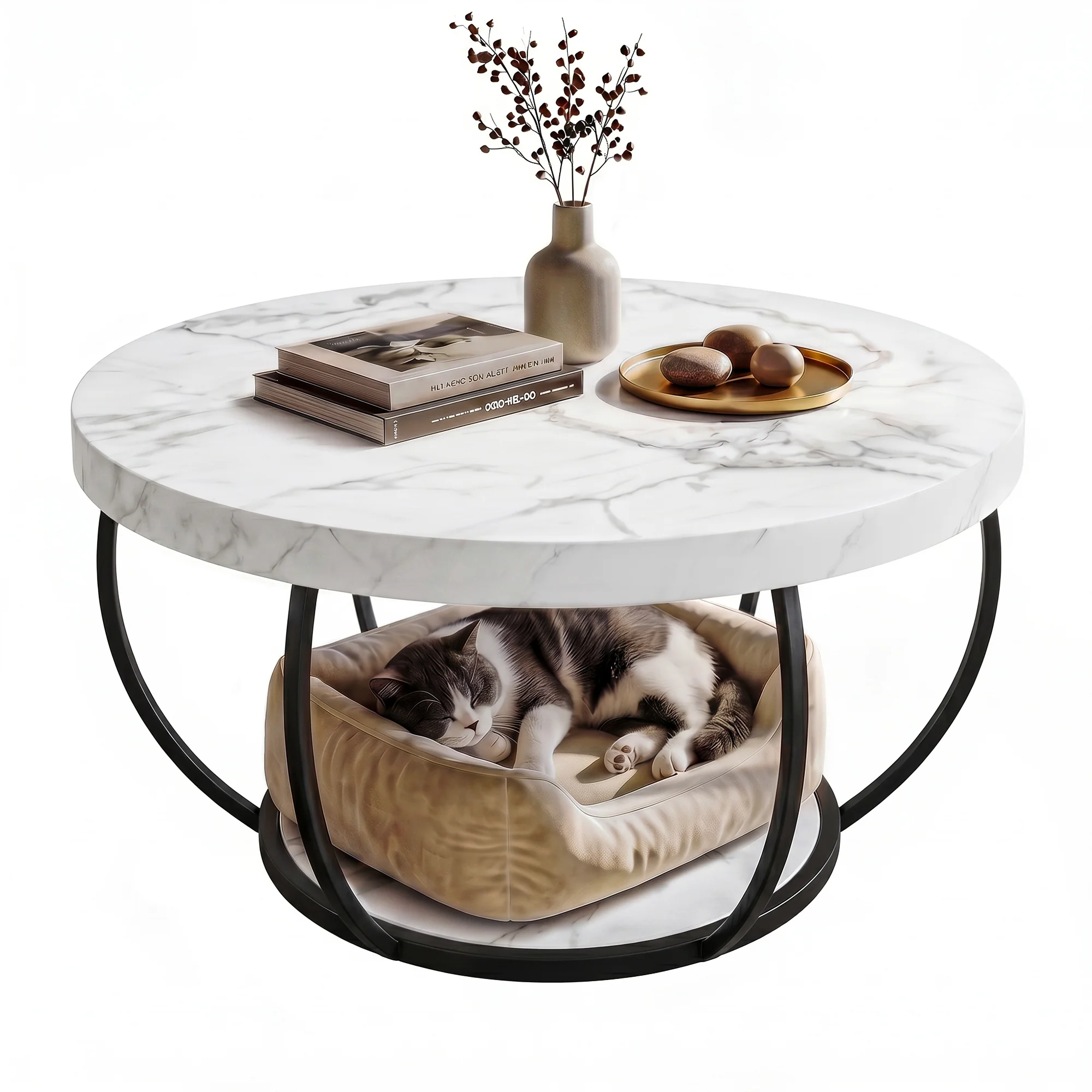 Artiss Coffee Table 2-Tier Marble Finish Round White&Black - Image 2