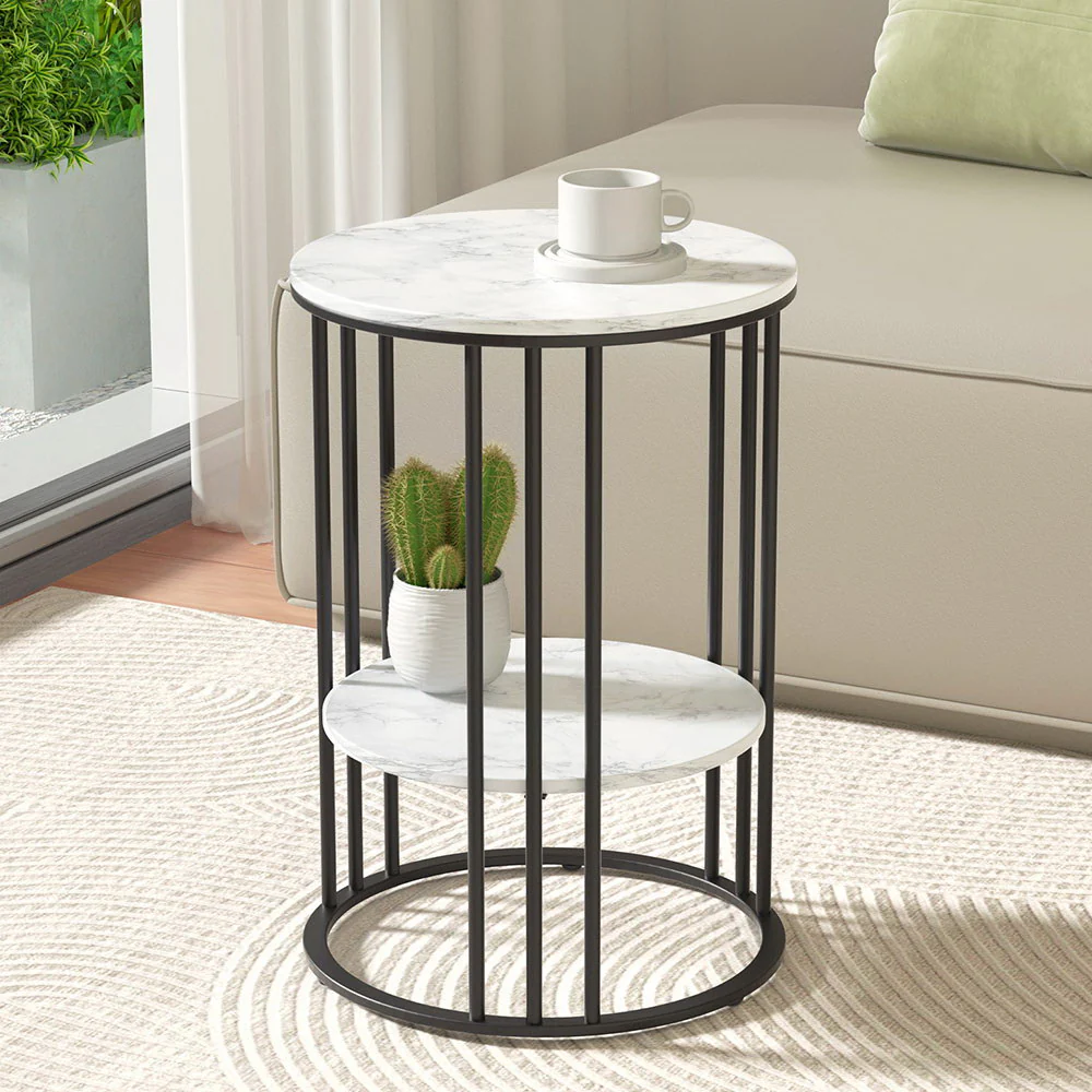 Artiss Coffee Table 2-Tier Round Marble Effect - Image 2