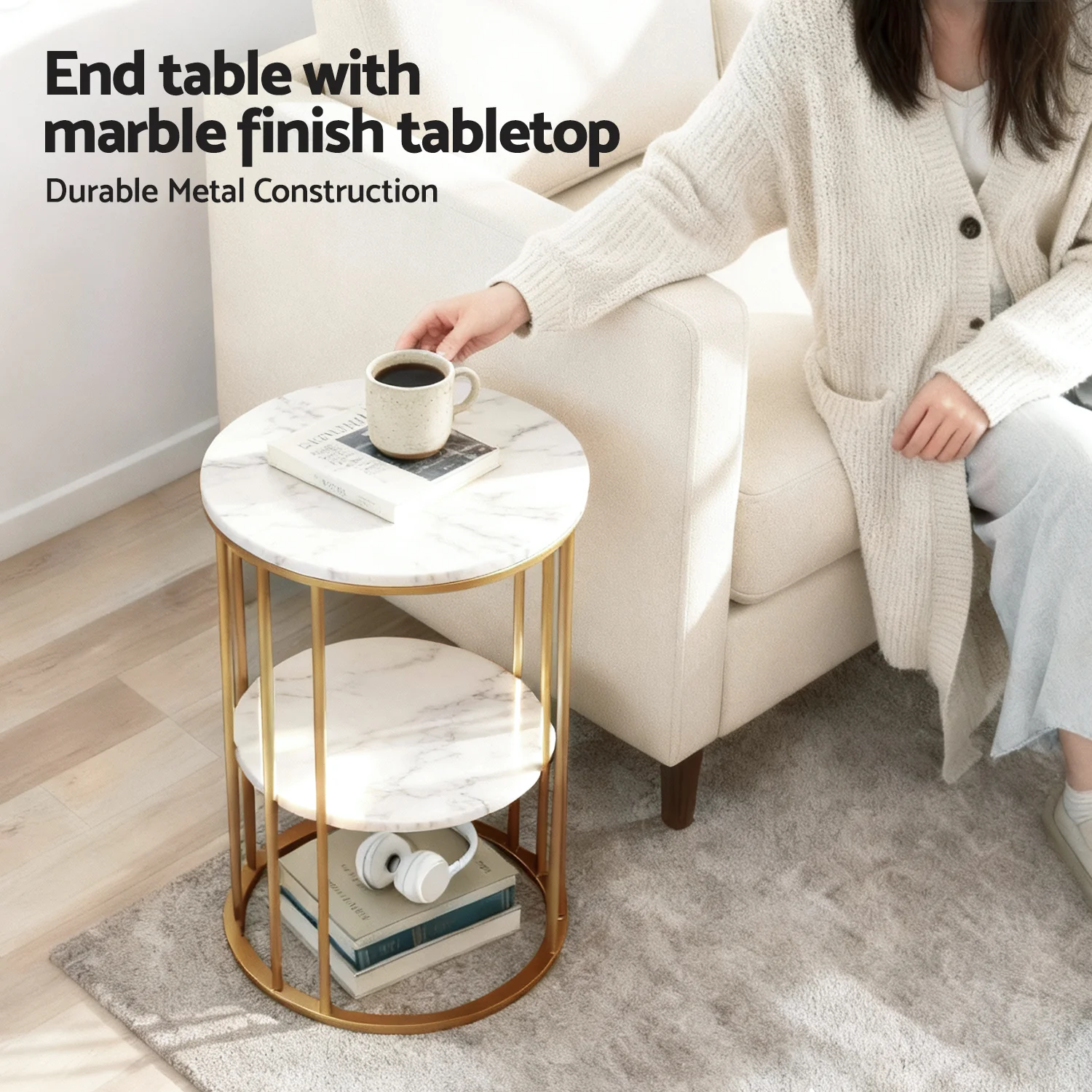 Artiss Coffee Table 2-Tier Round Marble Effect White&Gold - Image 4