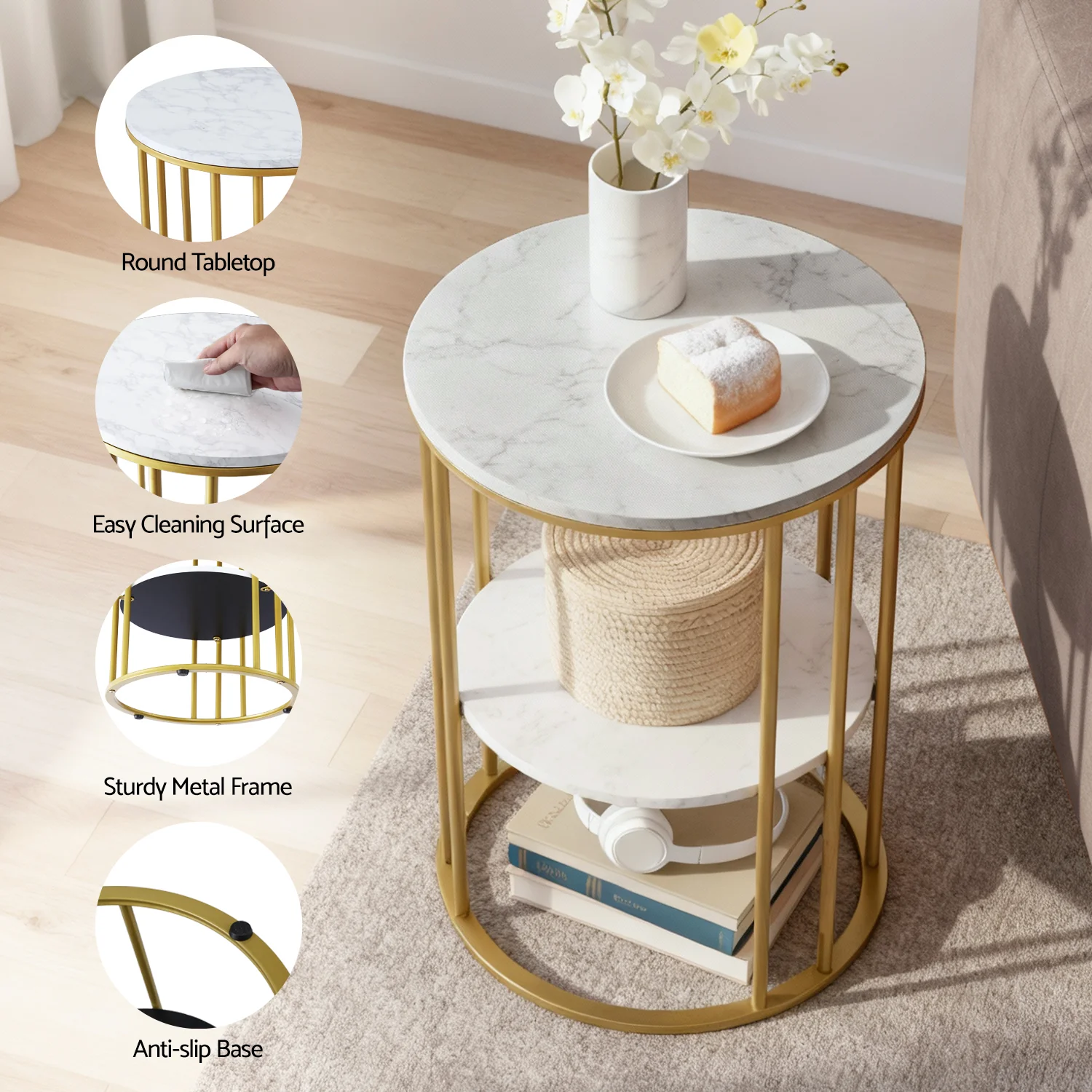 Artiss Coffee Table 2-Tier Round Marble Effect White&Gold - Image 5