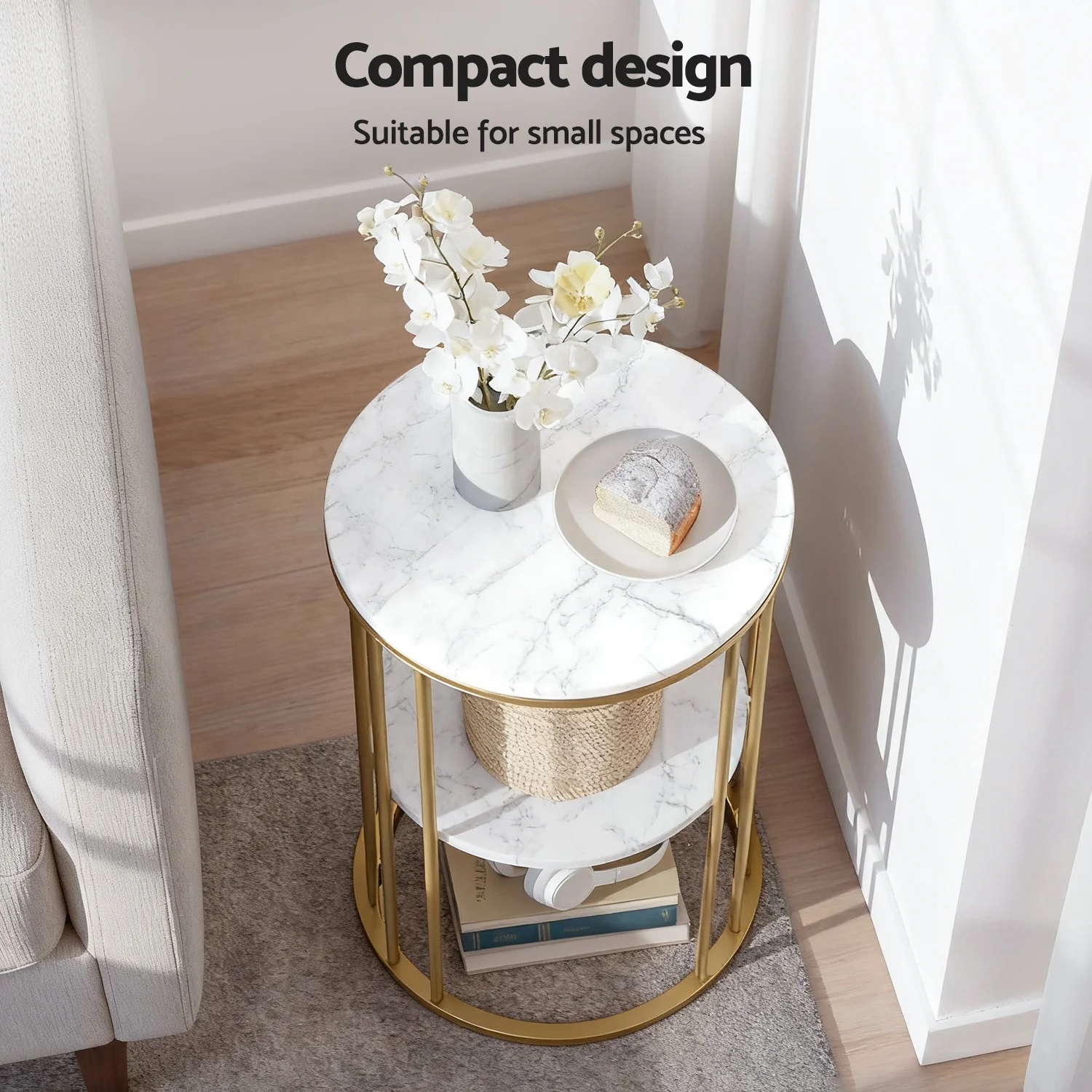 Artiss Coffee Table 2-Tier Round Marble Effect White&Gold - Image 6