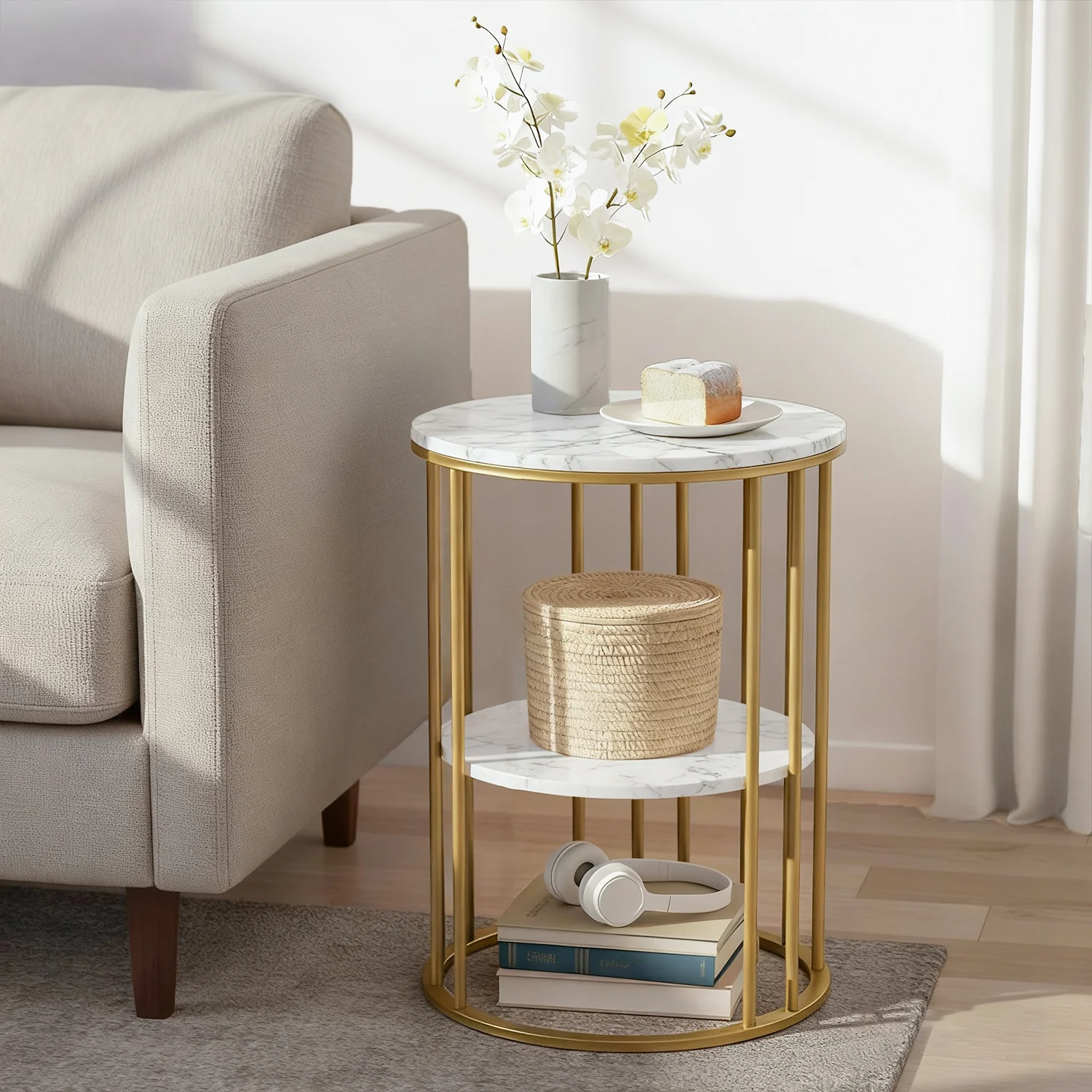 Artiss Coffee Table 2-Tier Round Marble Effect White&Gold - Image 7