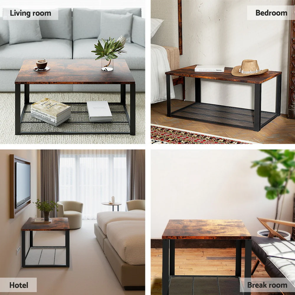 Artiss Coffee Table 2-Tier Rustic Brown 104CM - Image 7