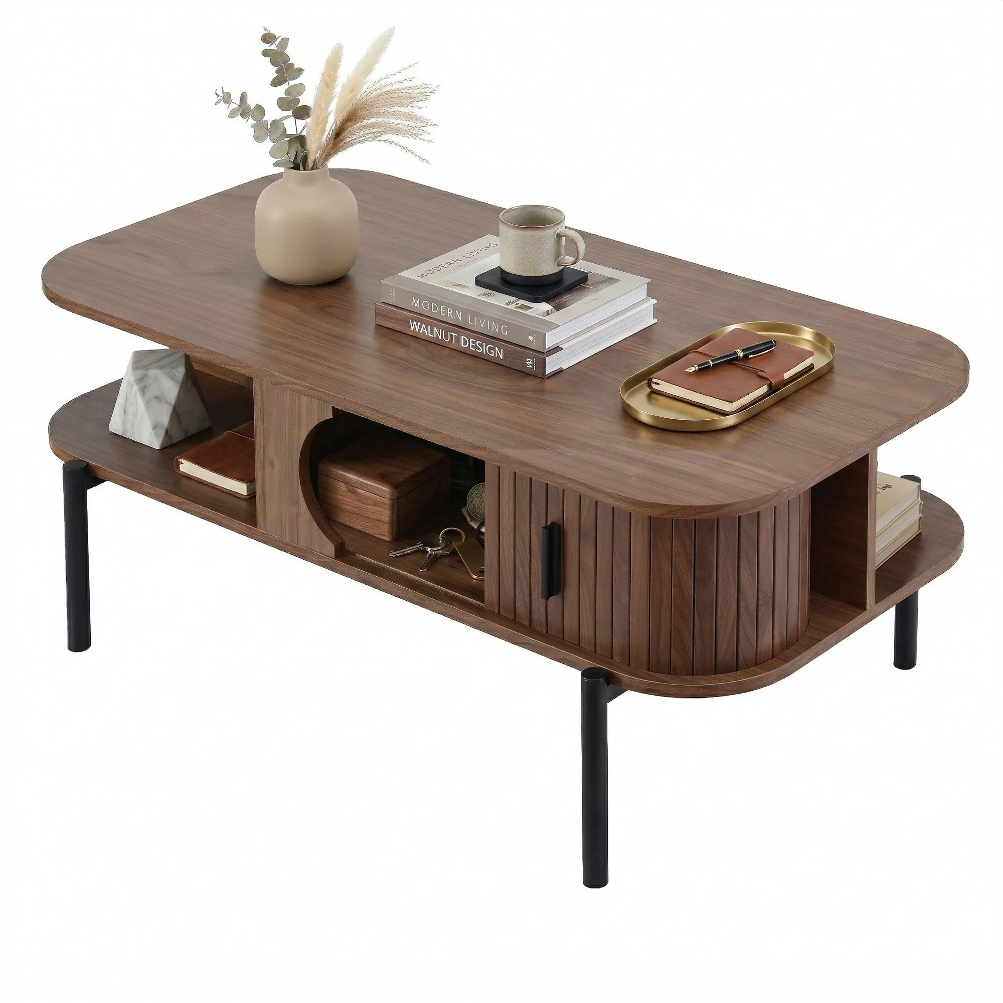Artiss Coffee Table Living Room Center Table Shelf Cabinet Walnut - Image 2