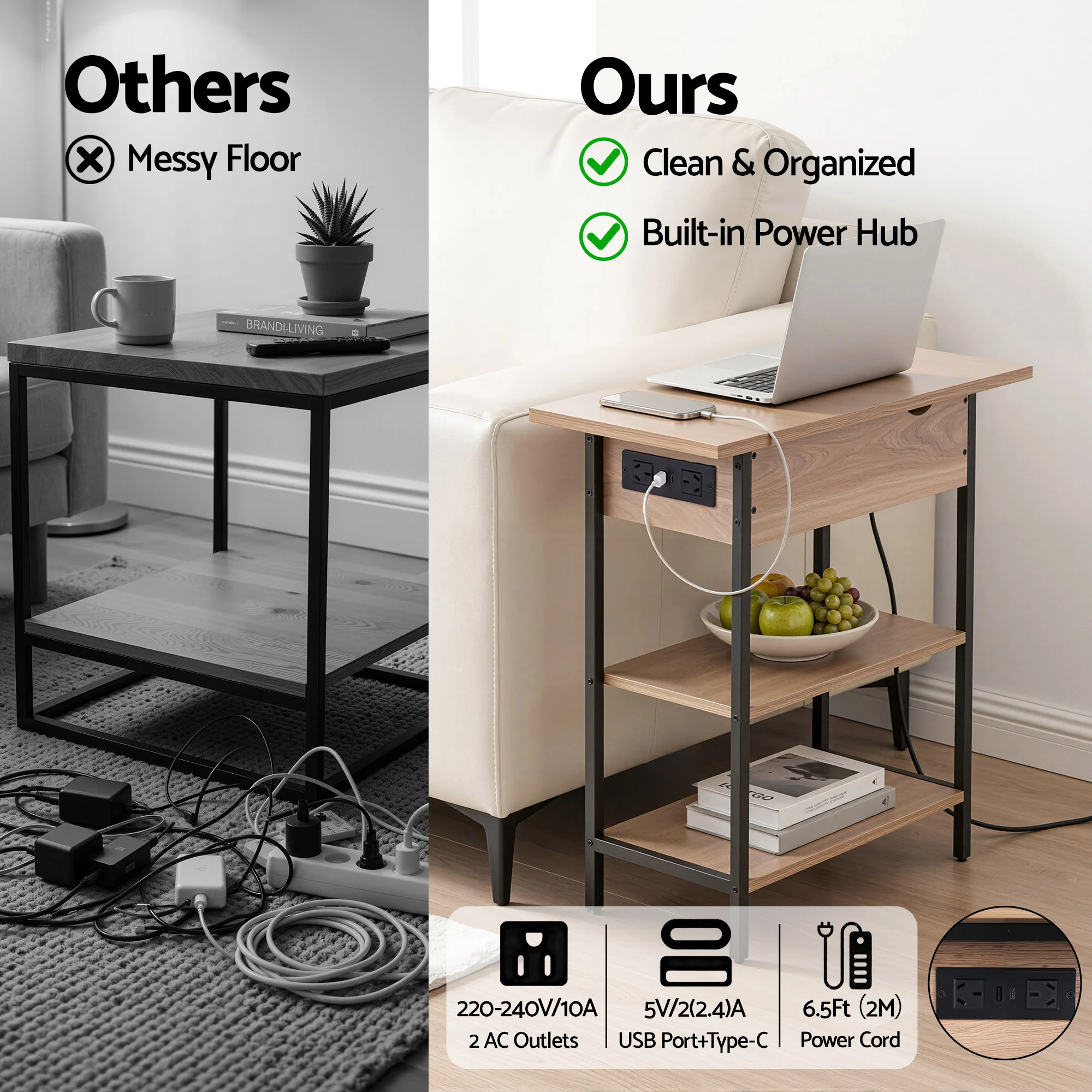 Artiss Coffee Table Side Bedside End Table Charging Station Flip-Top Storage 60cm Wood - Image 6