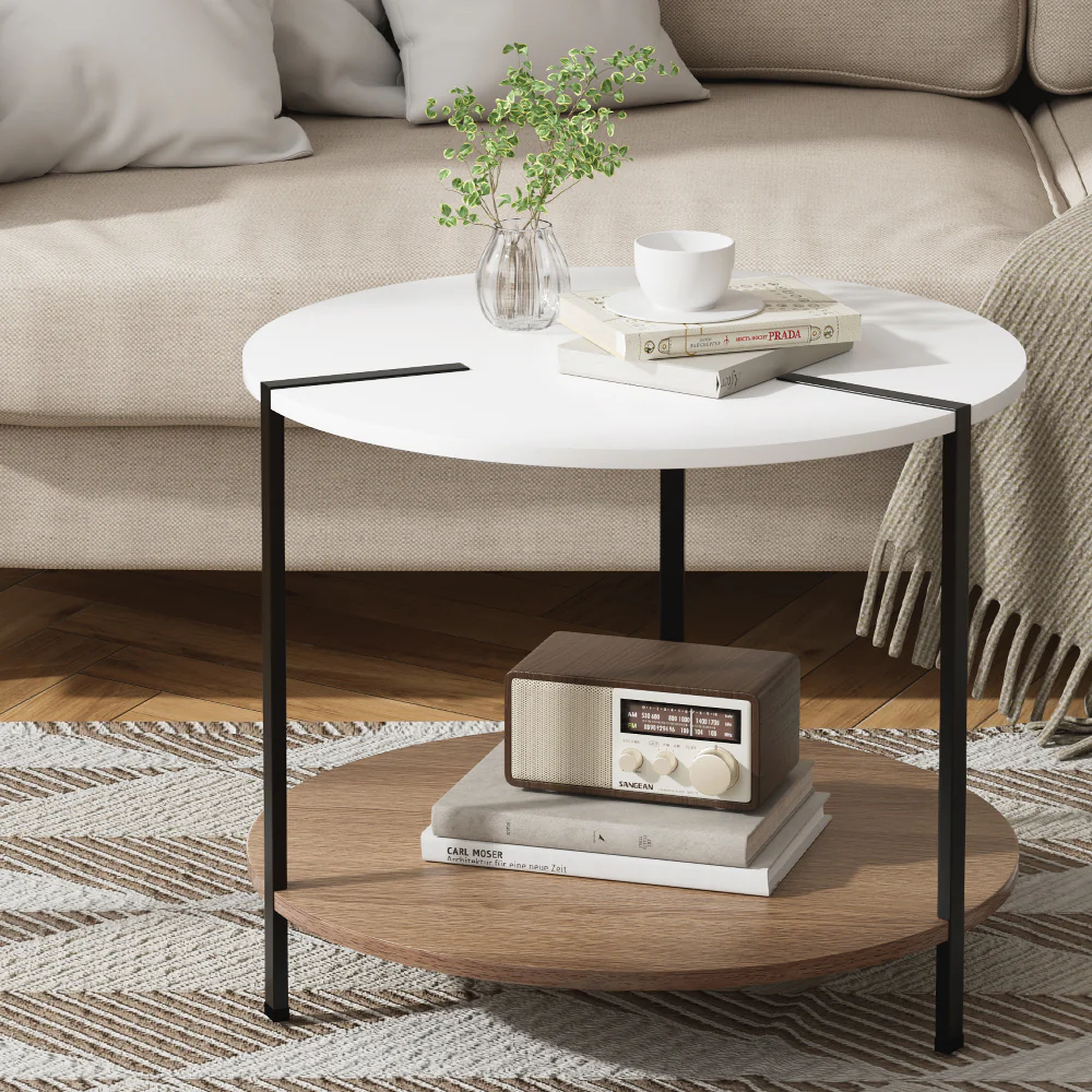 Artiss Coffee Table Side Table Round White Cedric - Image 5