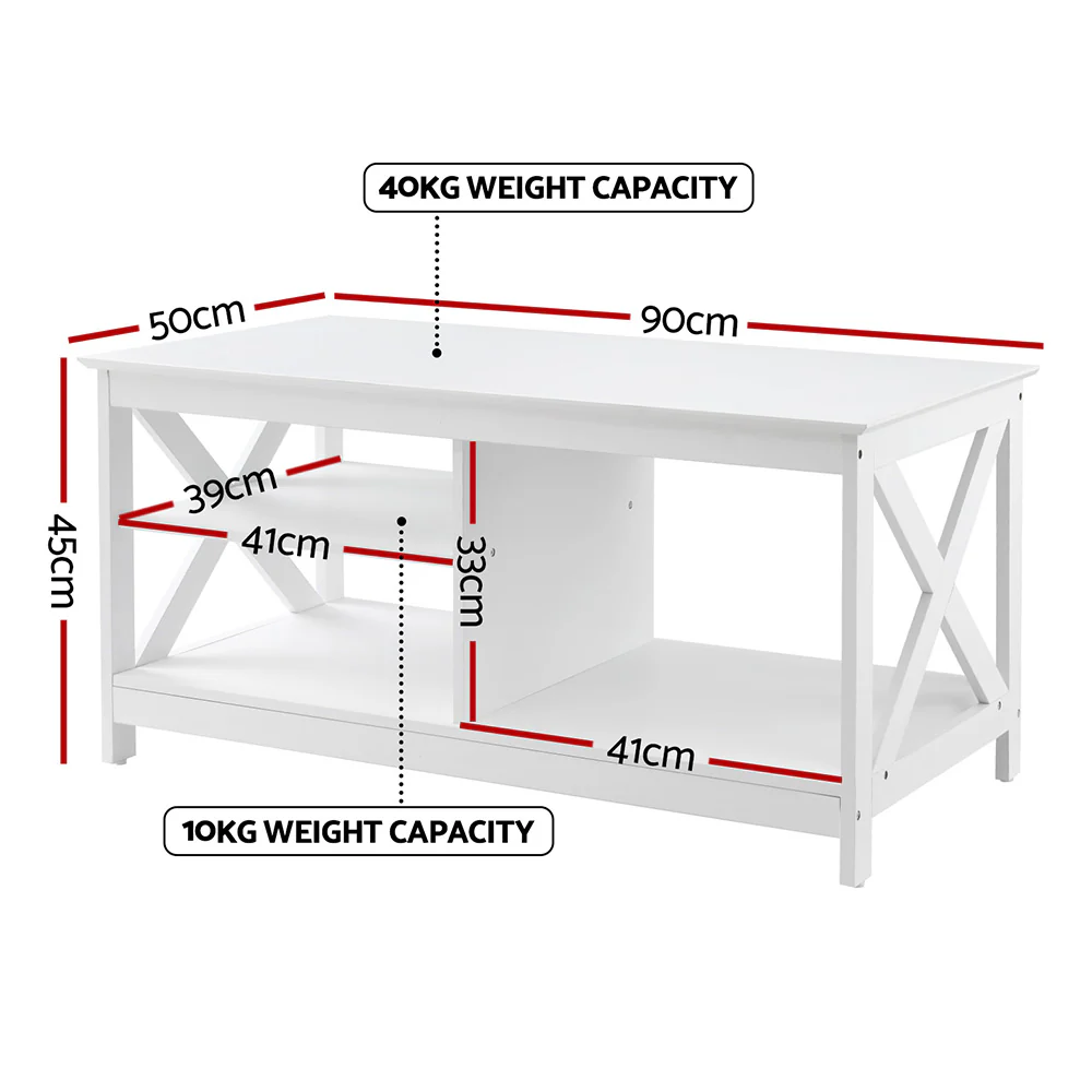 Artiss Coffee Table Storage Shelf White - Image 2