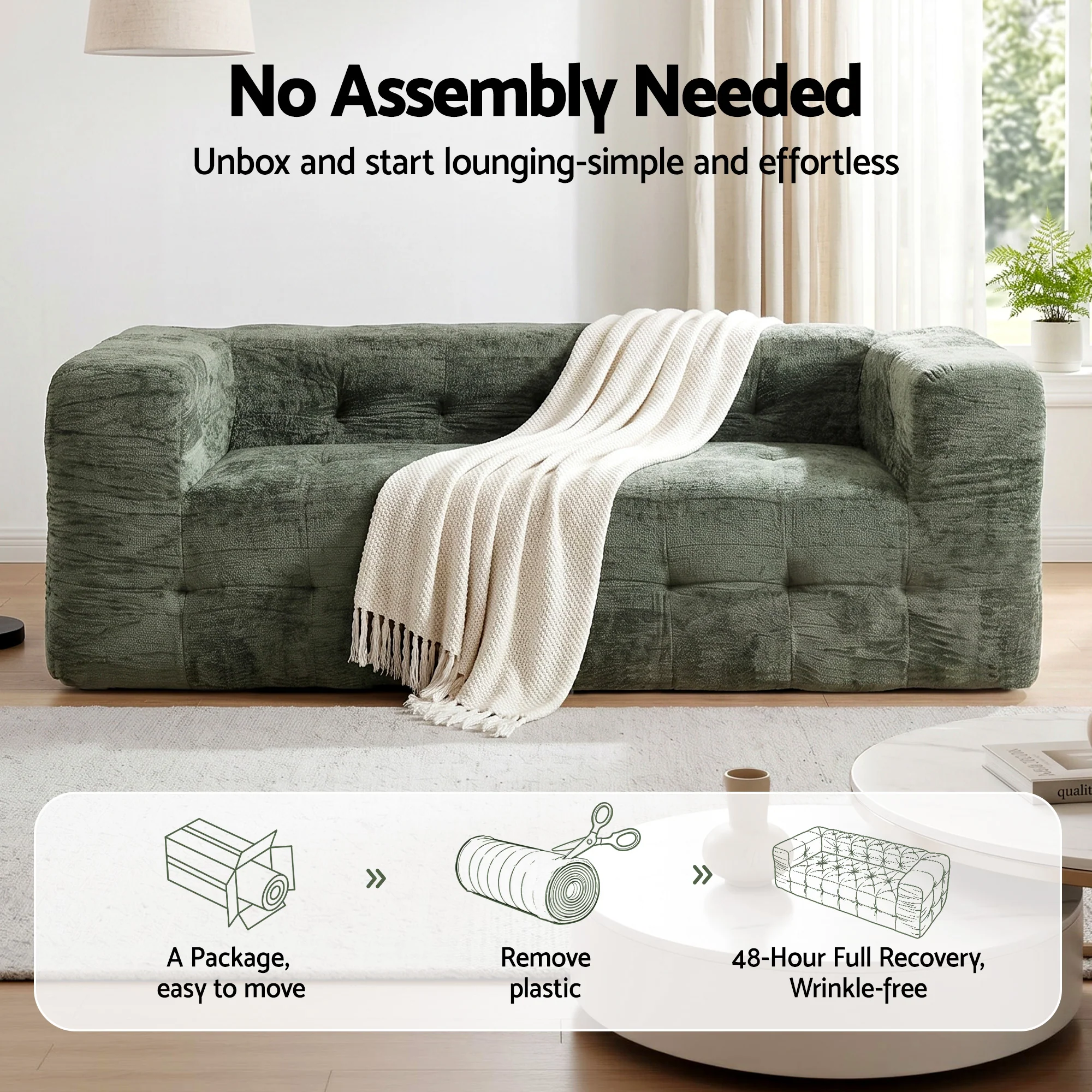 Artiss Comfort Boneless Sofa for Living Room Green Luxury Chenille - Image 5