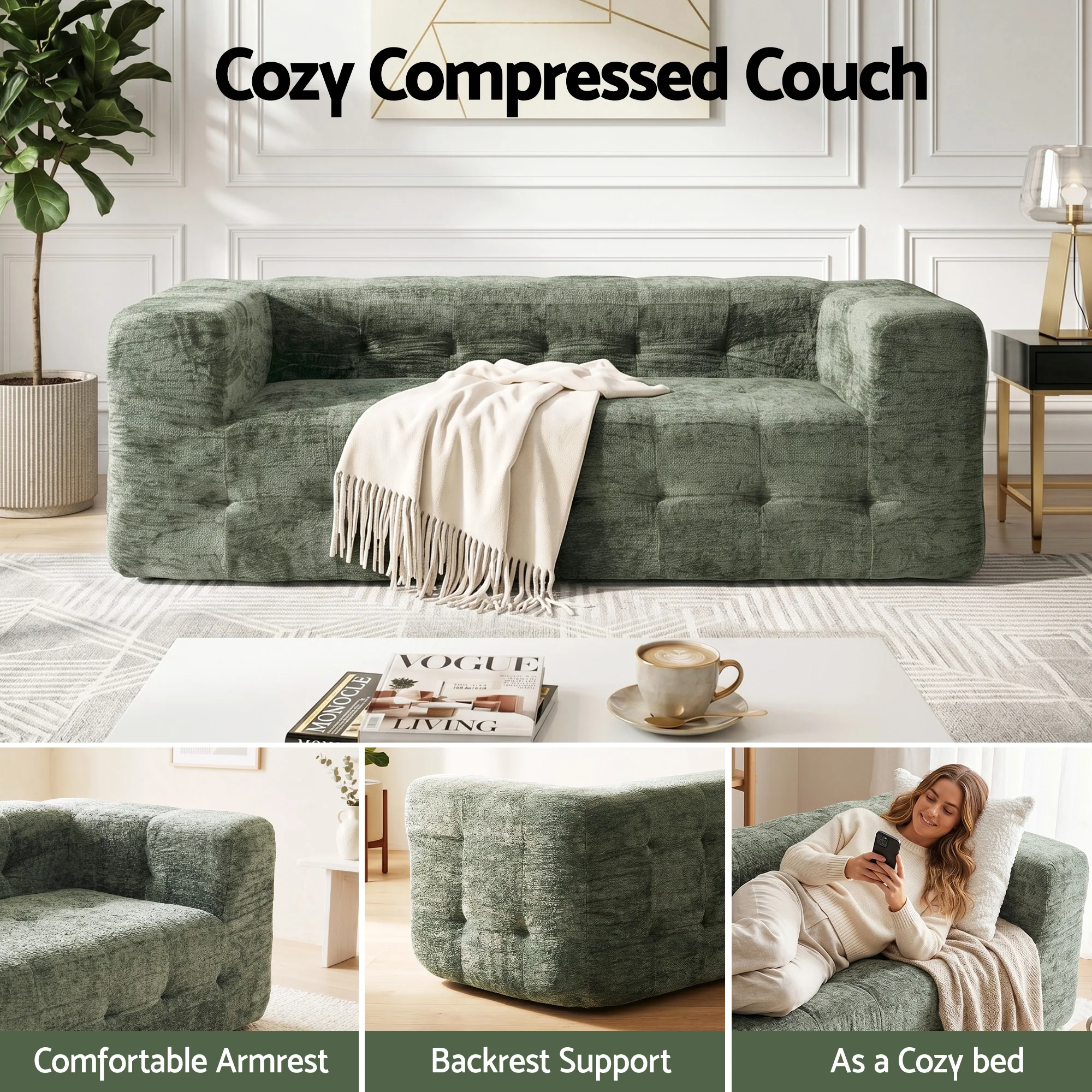 Artiss Comfort Boneless Sofa for Living Room Green Luxury Chenille - Image 7