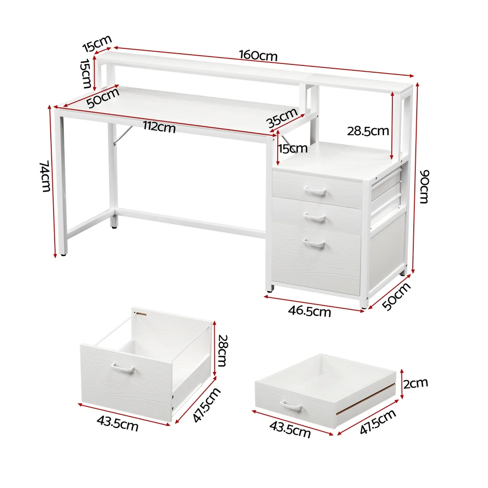 Artiss Computer Desk Home Office Study Table Desks w/Drawers Open Shelf White 160CM - Image 2