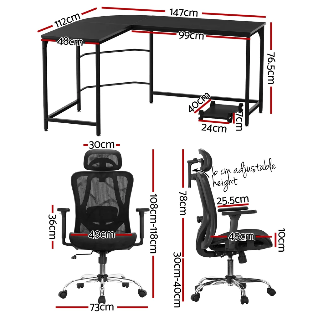 Artiss Computer Desk L-Shape Corner Desks Ergonomic Office Chair Mesh Chairs - Image 2