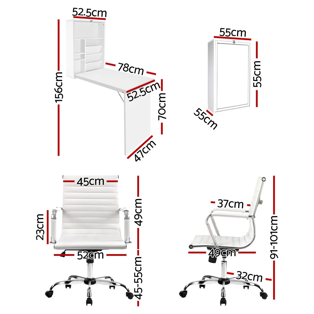 Artiss Computer Desk Office Chair Set PU Leather Wall Mount Foldable Table - Image 2