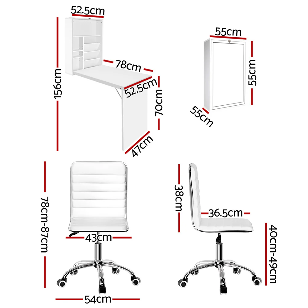 Artiss Computer Desk Office Chair Set PU Leather Wall Mount Foldable White Table - Image 2