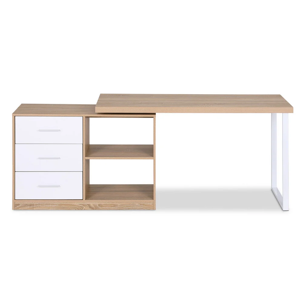 Artiss Computer Desk Swivelling L shape Home Office Storage Cabinet Oak - Image 3