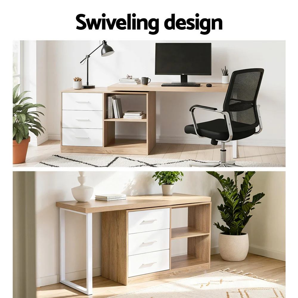 Artiss Computer Desk Swivelling L shape Home Office Storage Cabinet Oak - Image 5
