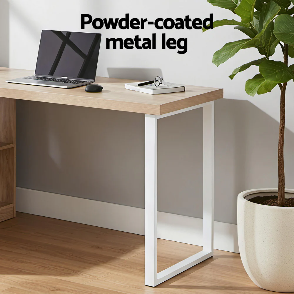 Artiss Computer Desk Swivelling L shape Home Office Storage Cabinet Oak - Image 7