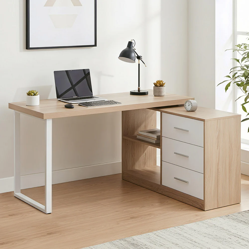 Artiss Computer Desk Swivelling L shape Home Office Storage Cabinet Oak - Image 8