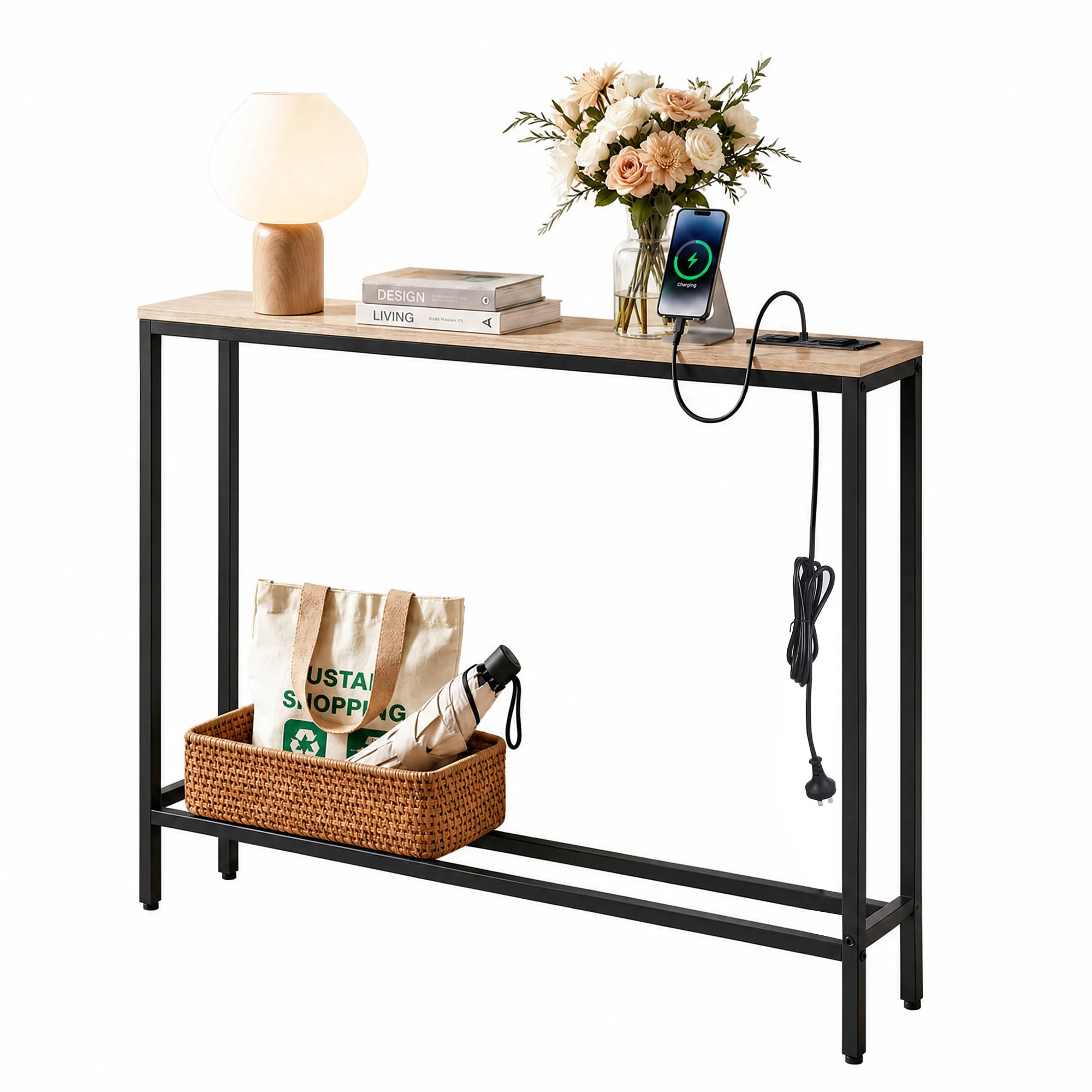 Artiss Console Table Charging Station 100CM Wood - Image 2