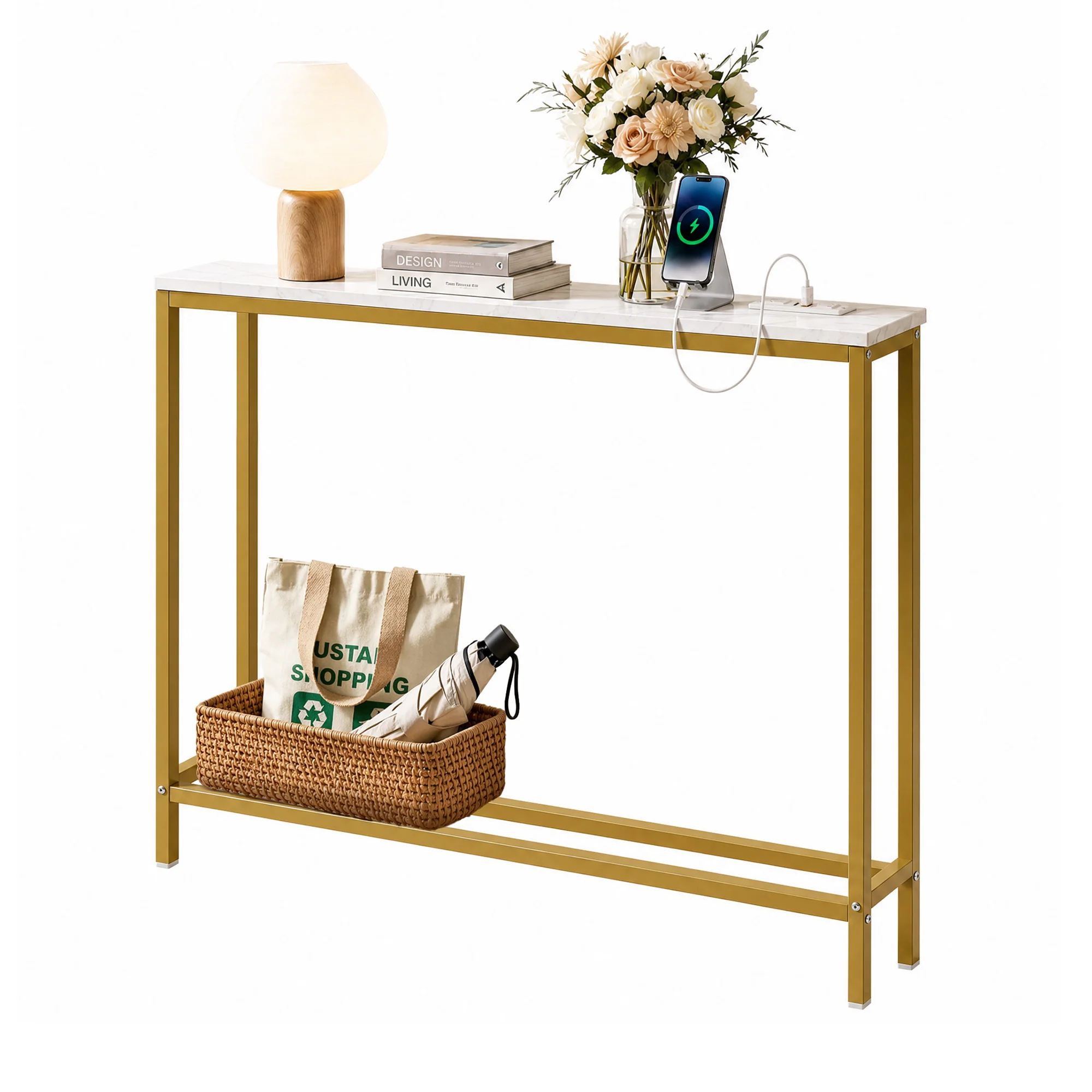 Artiss Console Table Entryway Hallway Display Desk Charging Station Marble Finish White & Gold - Image 2