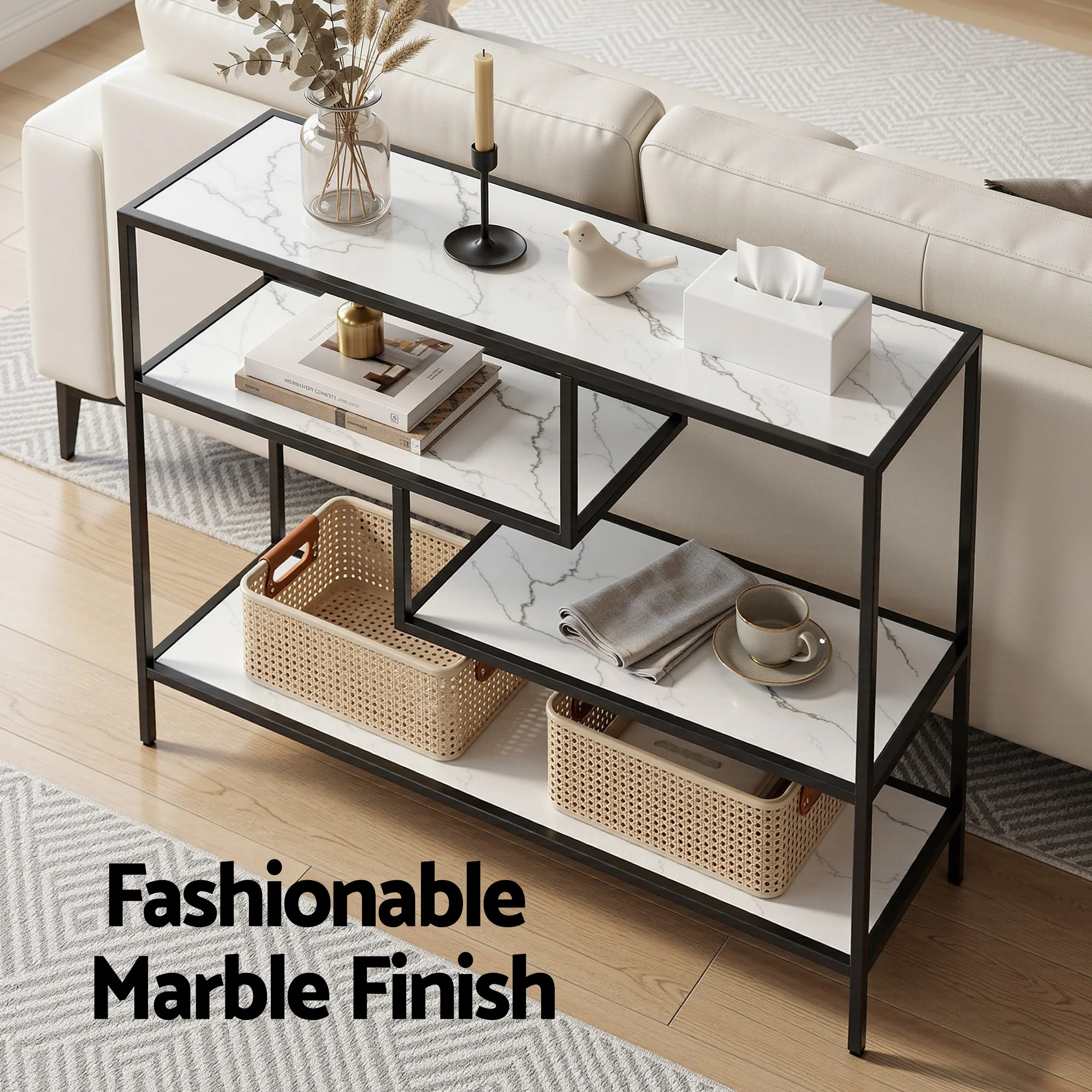 Artiss Console Table Entryway Hallway Marble Effect 4-Tier Storage Shelves White - Image 5