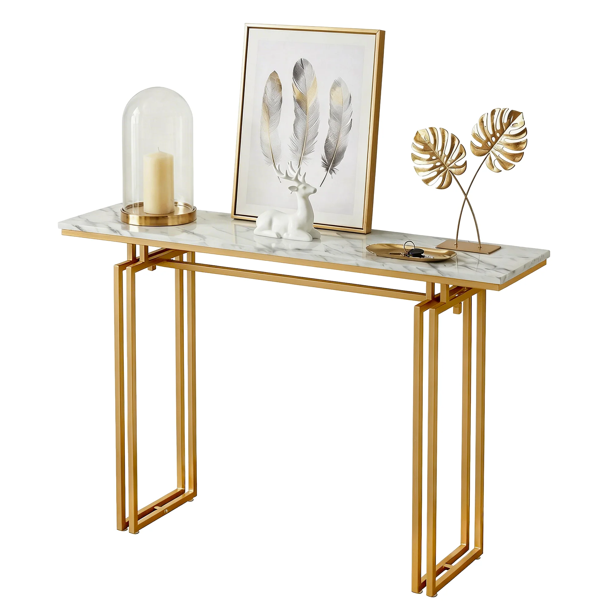 Artiss Console Table Hallway Entryway Table Marble Effect 110CM White & Gold - Image 2
