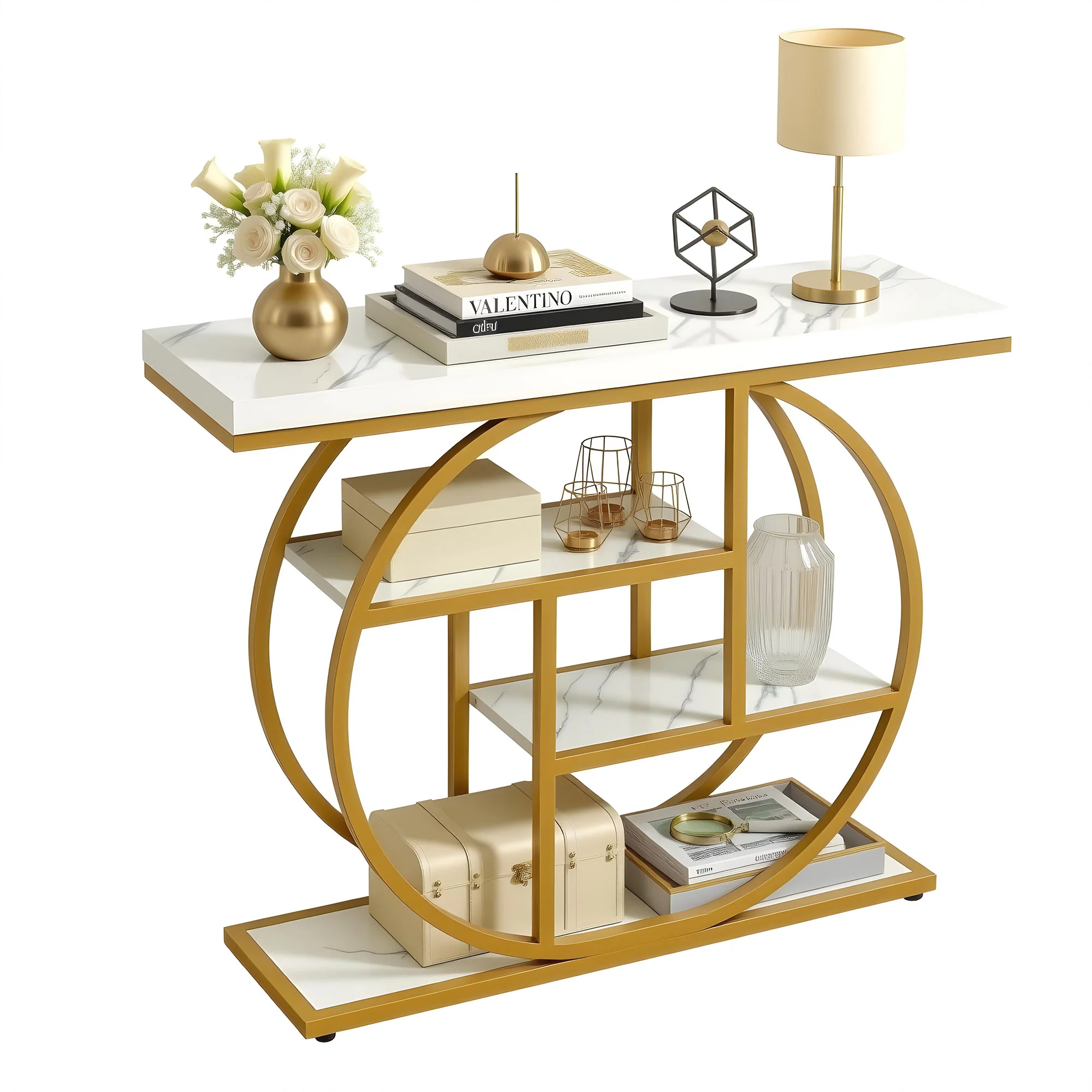 Artiss Console Table Marble Effect 4-Tier Shelves 105CM White&Gold - Image 2