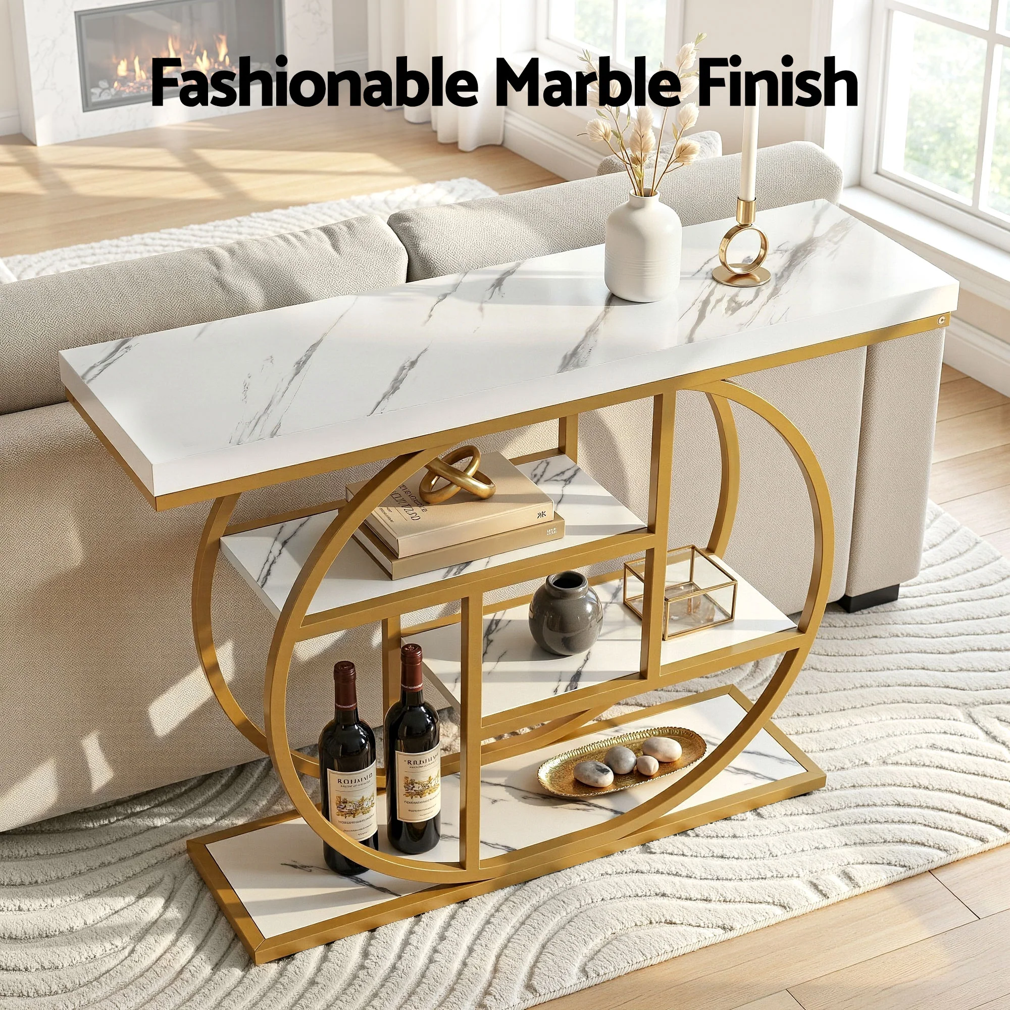 Artiss Console Table Marble Effect 4-Tier Shelves 105CM White&Gold - Image 5