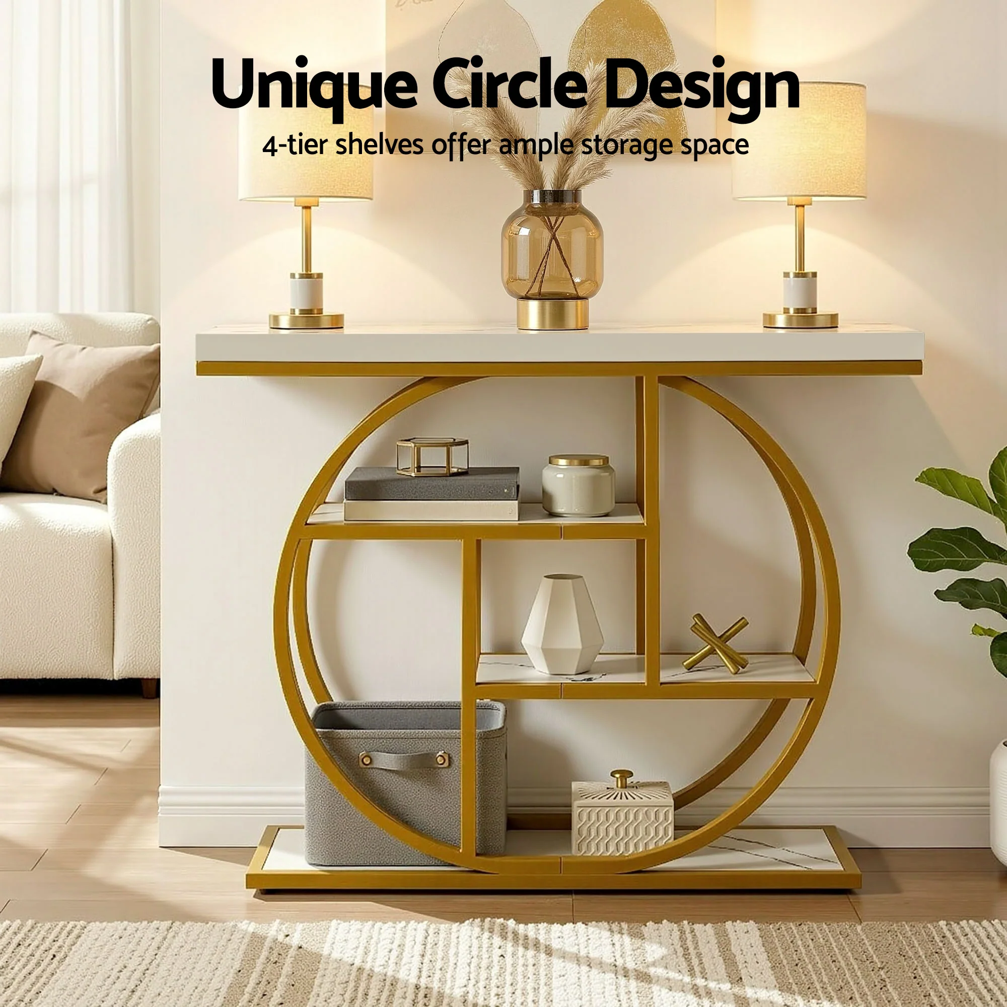Artiss Console Table Marble Effect 4-Tier Shelves 105CM White&Gold - Image 6