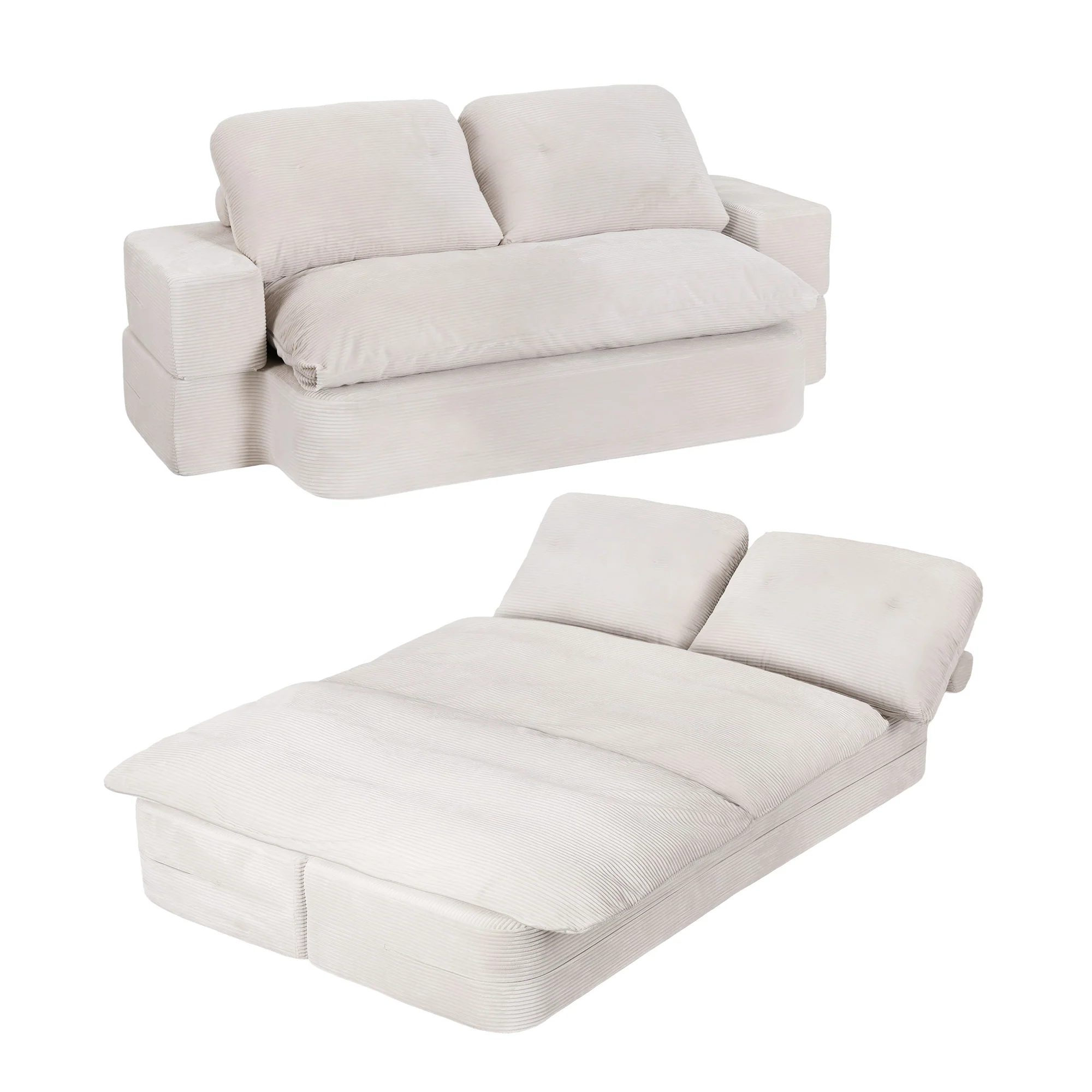 Artiss Convertible Folding Sofa Bed 30D High-Density Foam Boneless Couch with Corduroy Sleeper Couch Lounger for Living Room Beign - Image 2